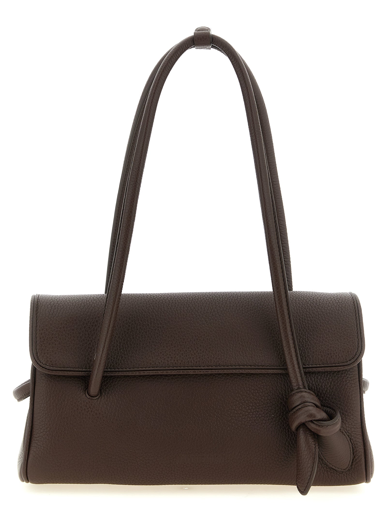 Jacquemus Le Turismo Long dark brown grained leather shoulder bag with front knot detail.