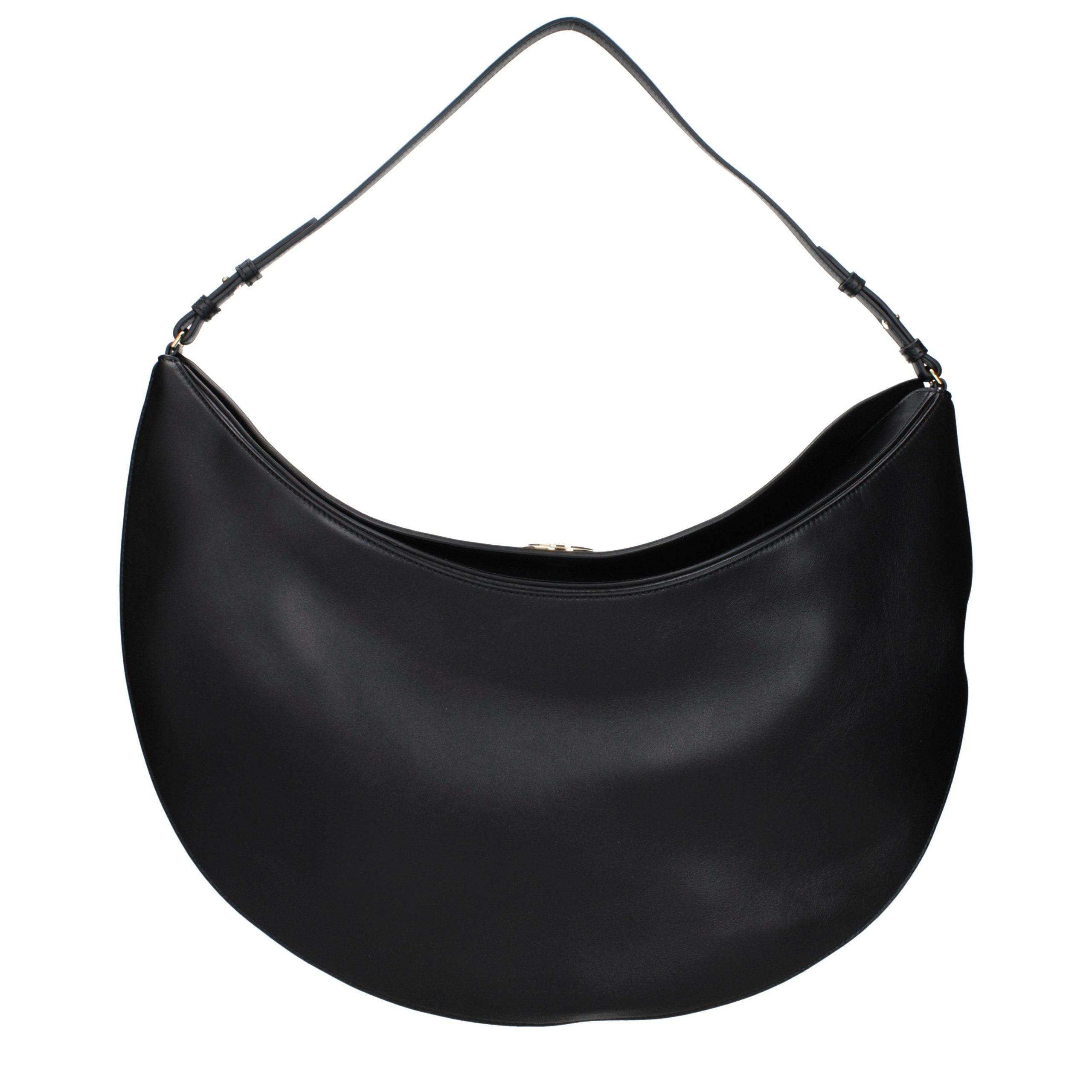 Jacquemus Ovalo Hobo black smooth leather shoulder bag with large engraved snap fastener.