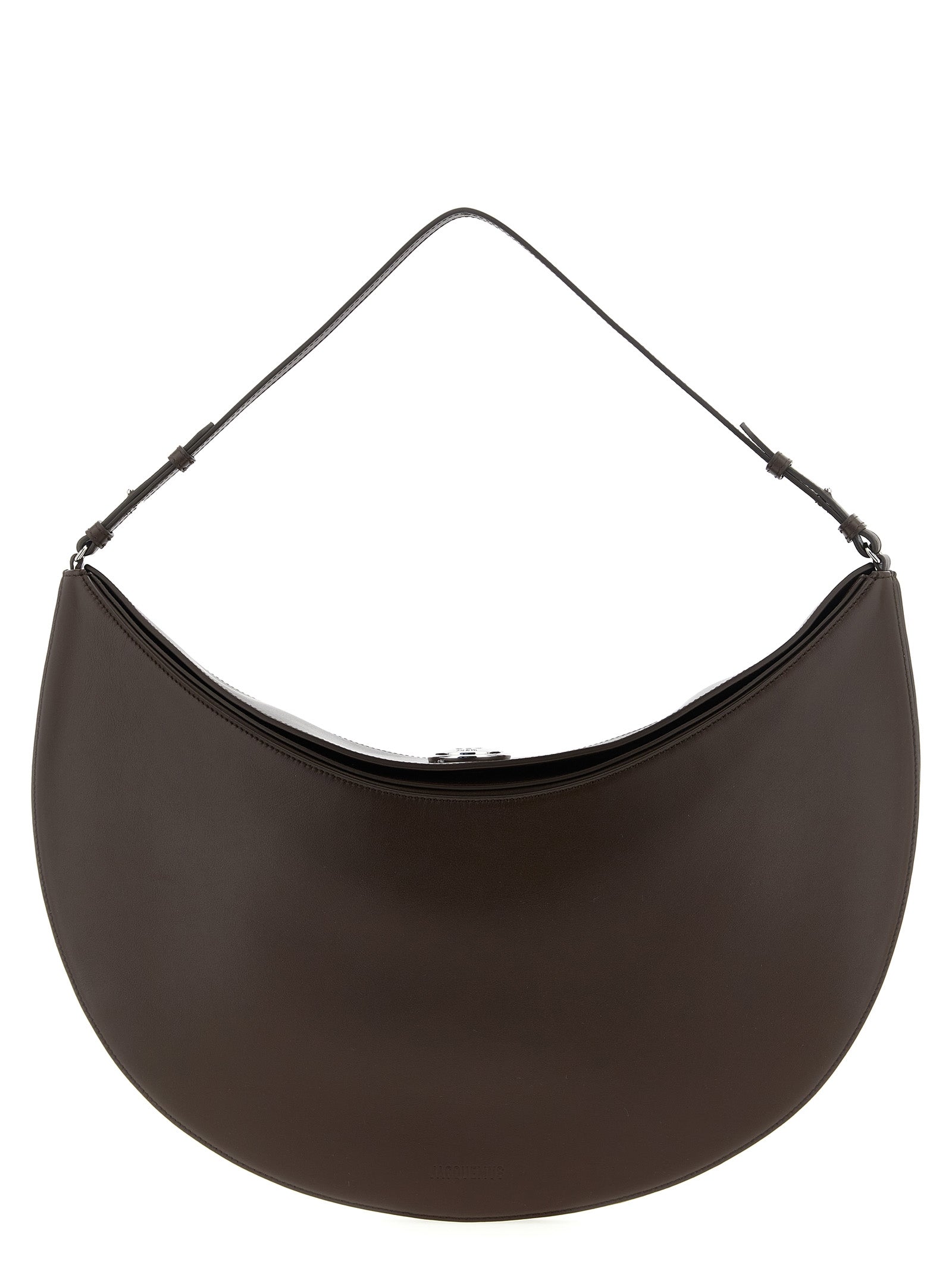 Jacquemus Ovalo Hobo dark brown leather shoulder bag with large engraved snap fastener.