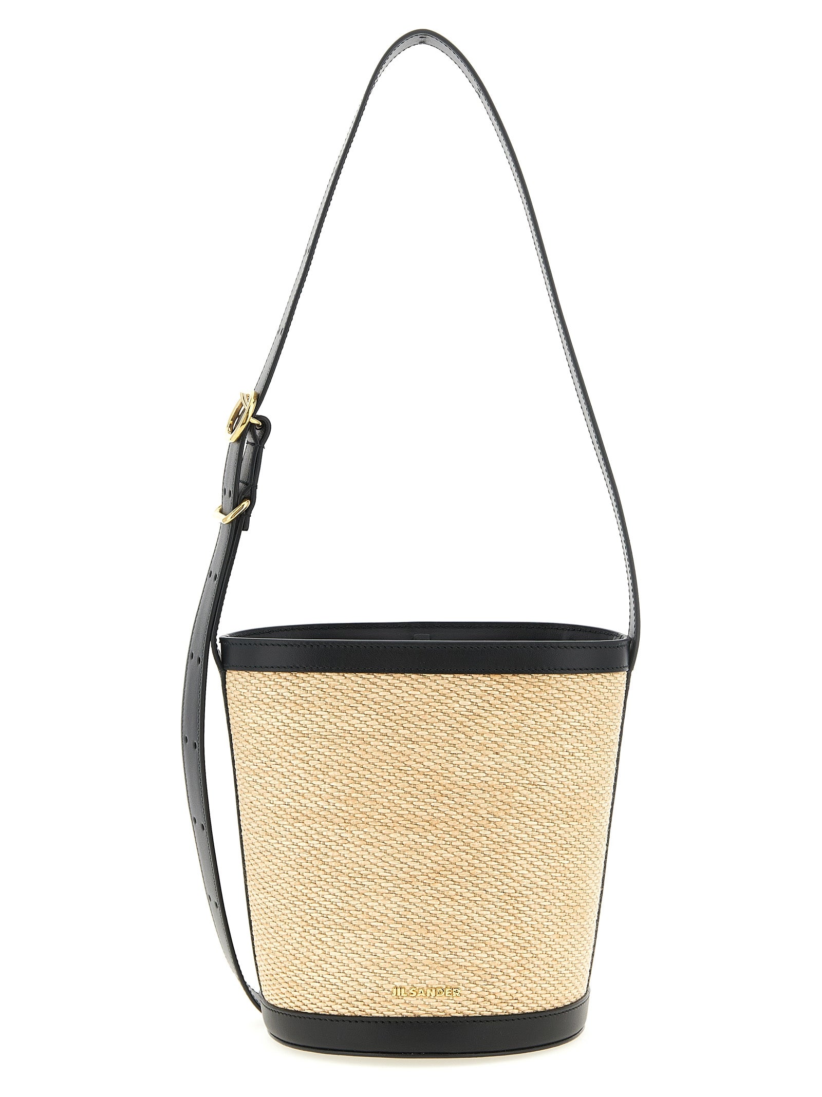 Jil Sander Cannolo Bucket Bag in natural raffia woven blend with calf leather trims and metal logo.