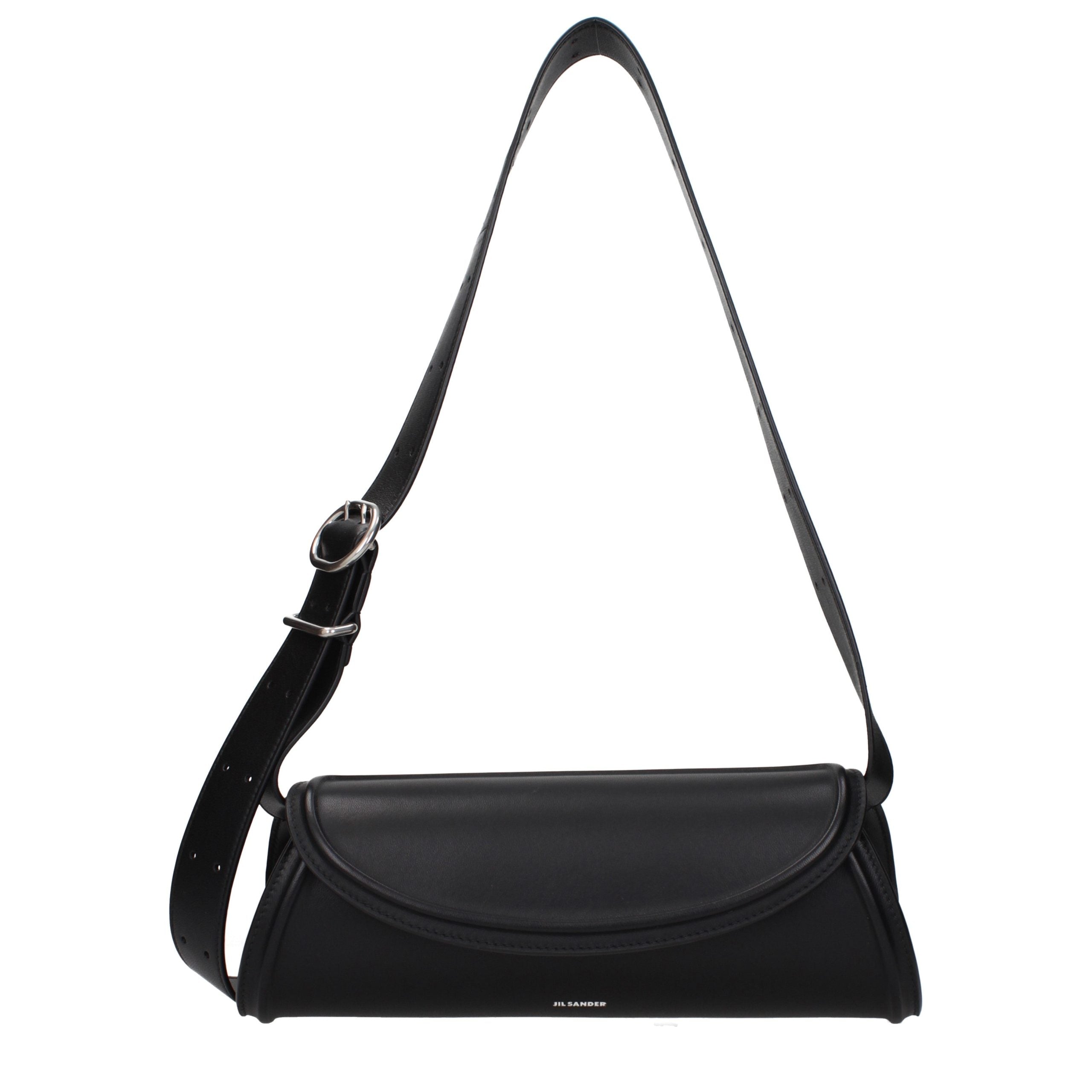 Jil Sander Cannolo Small Bag in black calf leather showing its signature cylindrical shape.