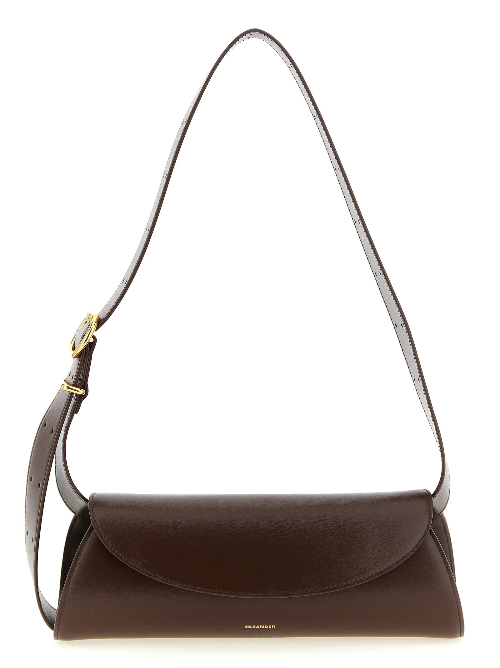 Jil Sander Cannolo Small Handbag in dark earth deep brown calf leather showing its signature cylindrical shape.