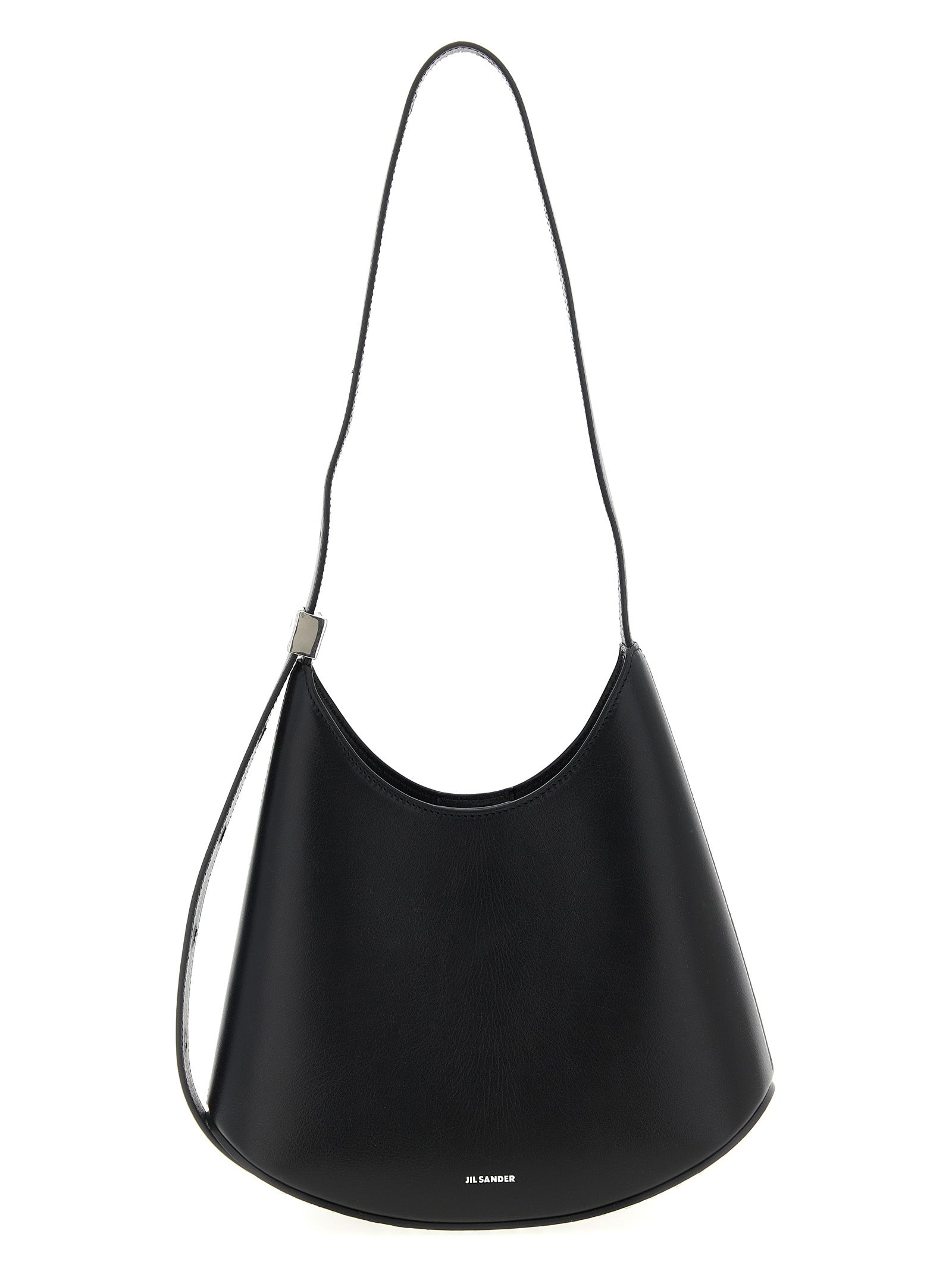 Jil Sander Eldorado Small Bag in black calf leather with metal stud details on the curved base.