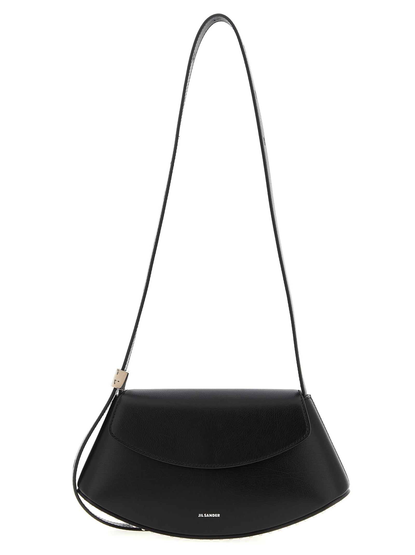 Jil Sander Eldorado Small Crossbody Bag in black calf leather with metal stud details on the base.