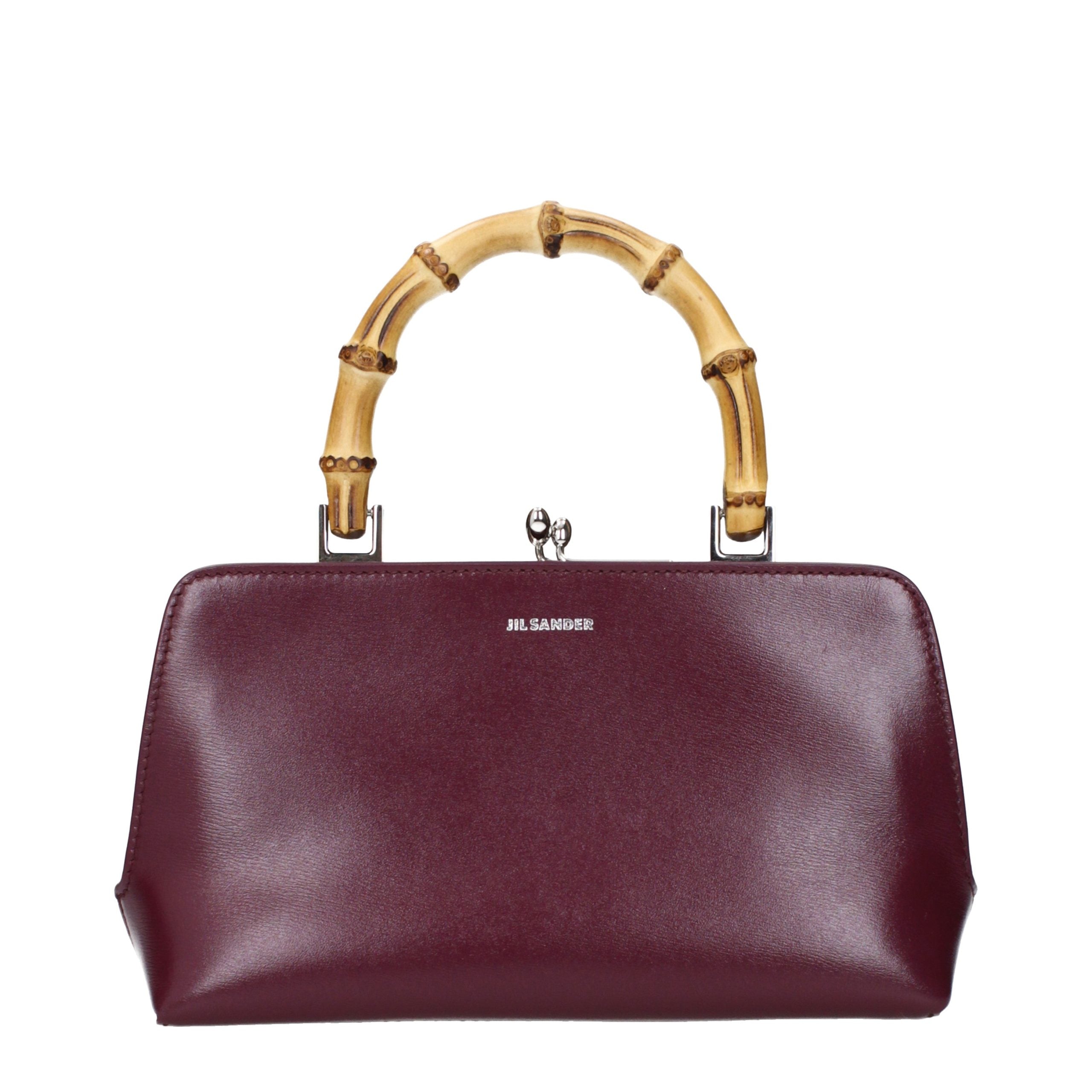 Jil Sander Goji Bamboo Mini Handbag in red orchid calf leather with natural bamboo top handle.