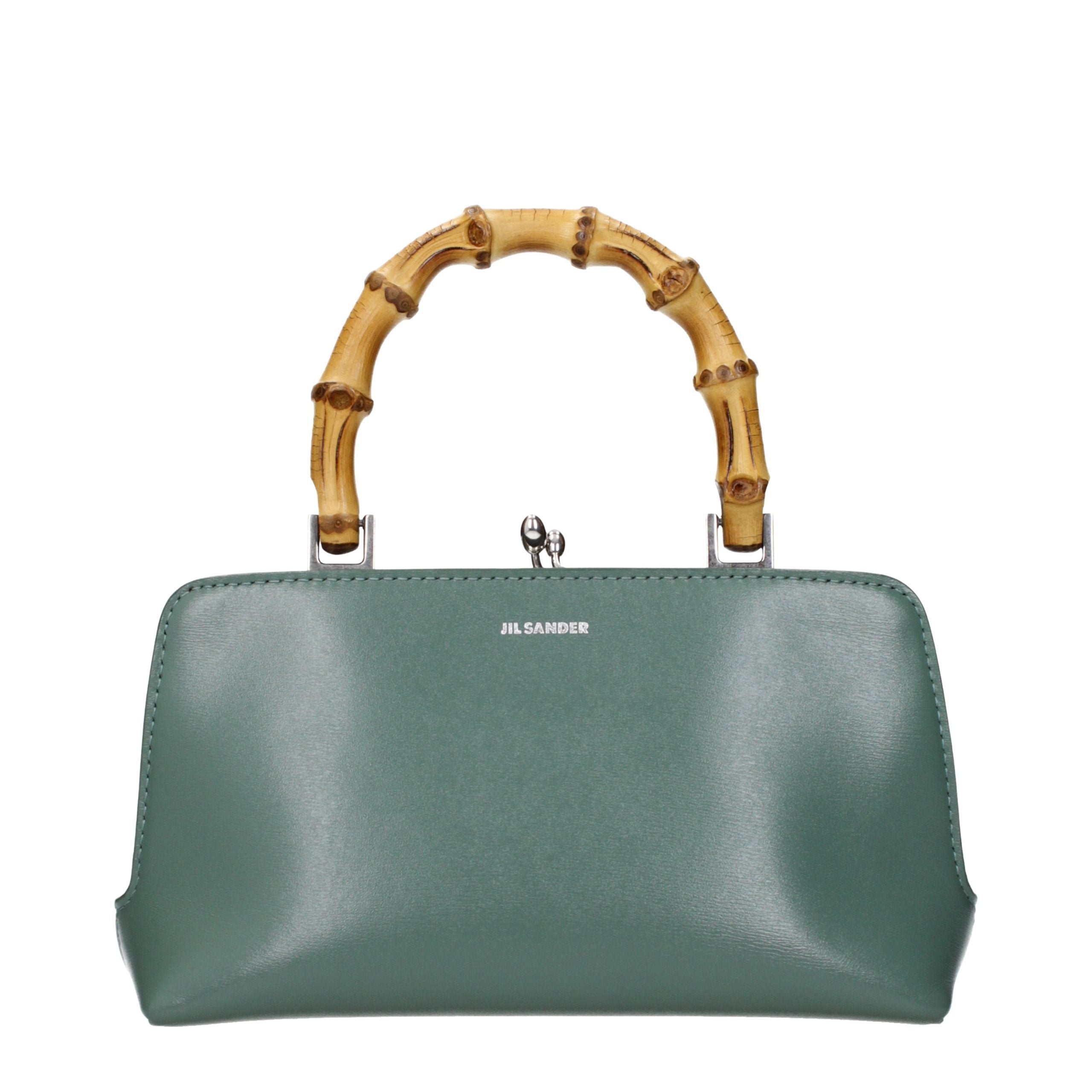 Jil Sander Goji Bamboo Mini Handbag in sage green calf leather with natural bamboo top handle.