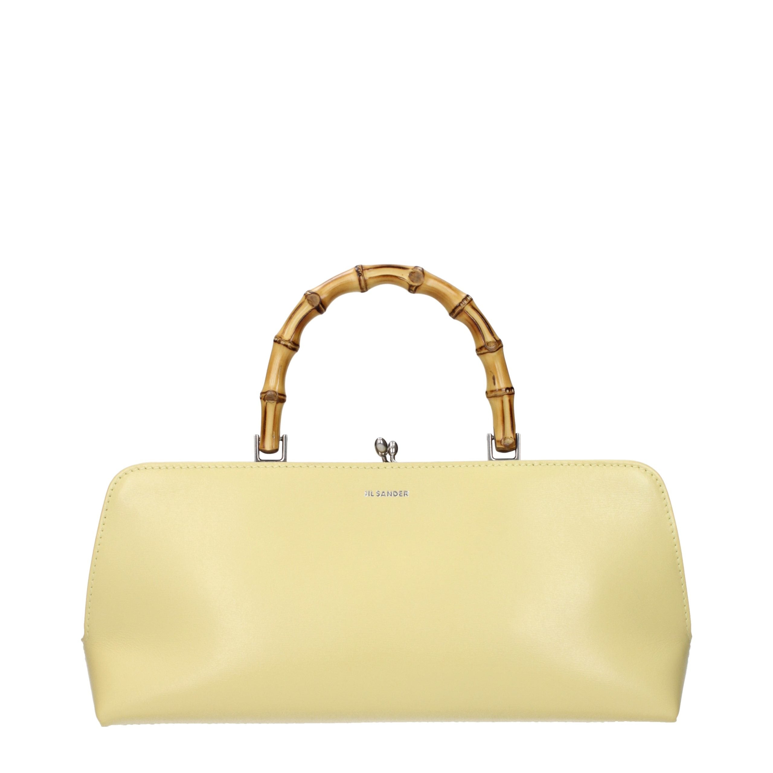 Jil Sander Goji Small Yellow Leather Handbag with Bamboo Handle and Metal Frame.
