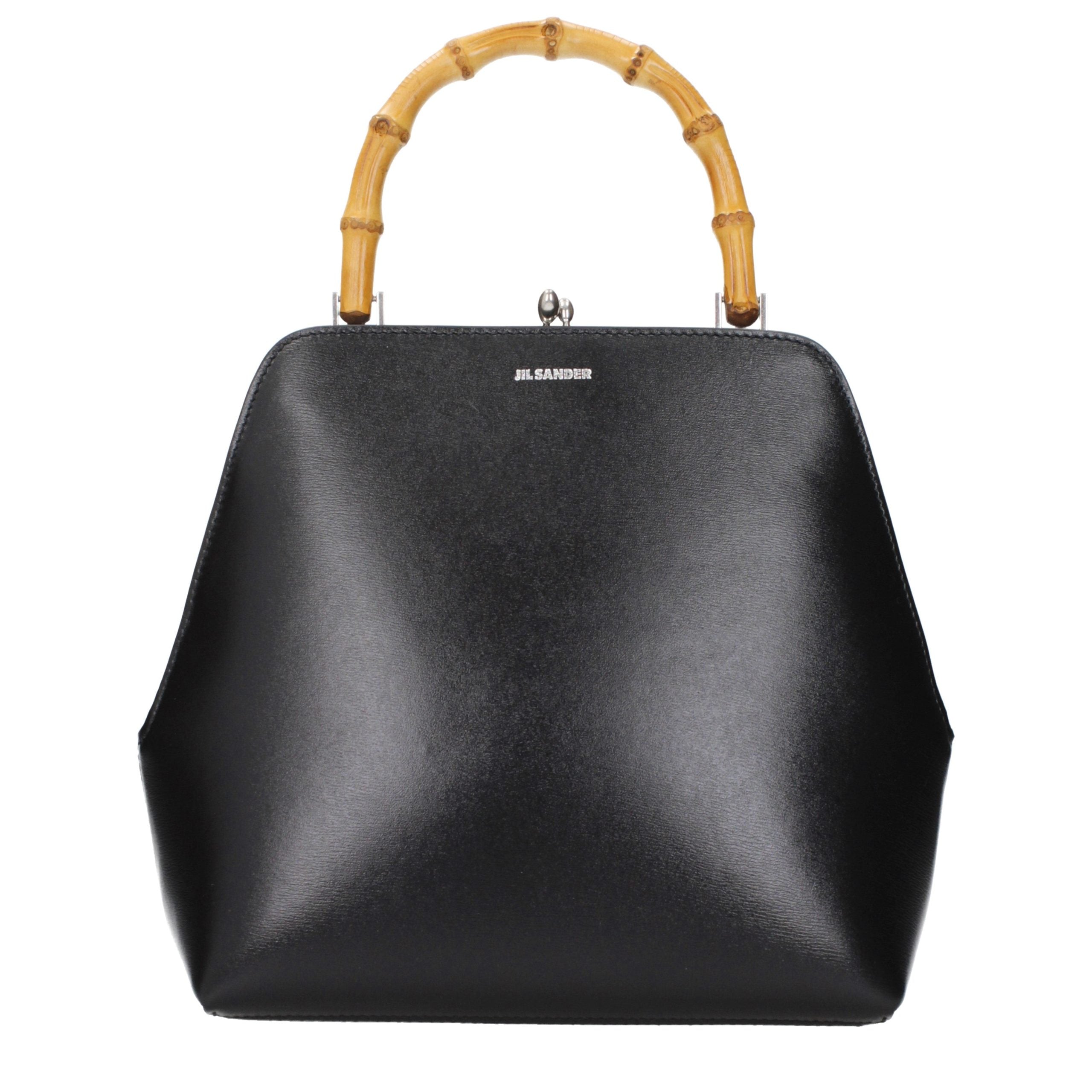 Jil Sander Goji Bamboo Square handbag in black calfskin with bamboo handle and silver hardware.
