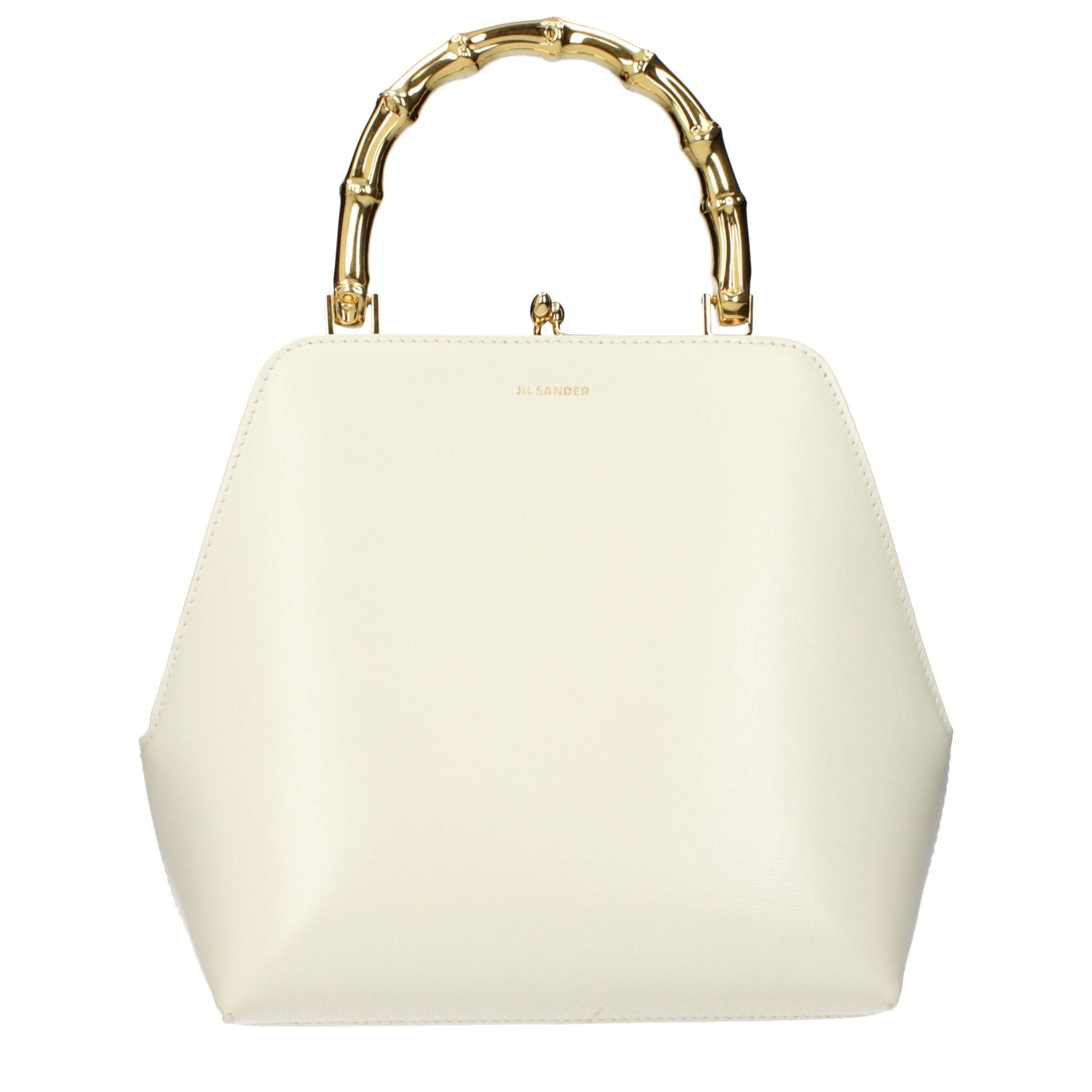 Jil Sander Goji Bamboo Square handbag in white calfskin with gold finished bamboo handle and gold hardware.