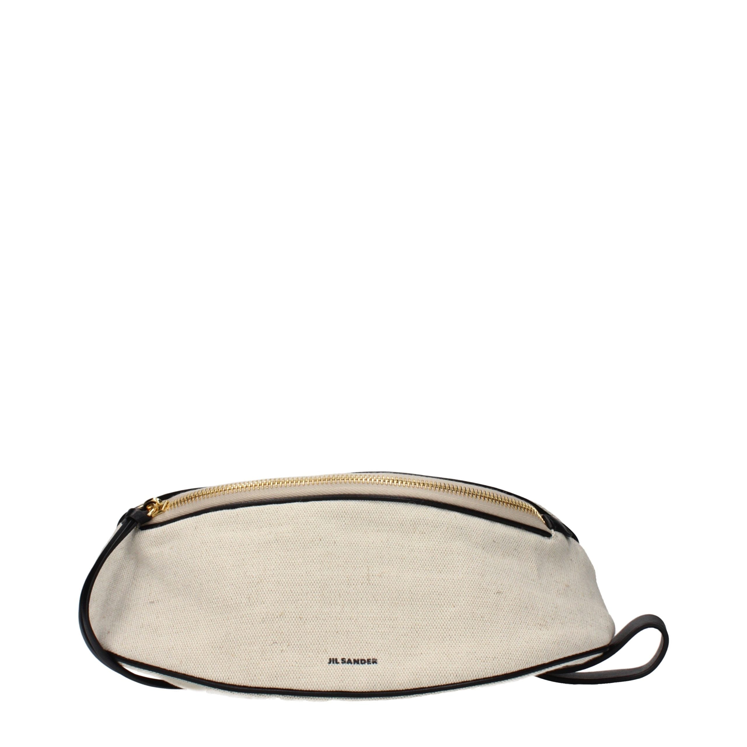Jil Sander Moon Belt Bag in beige fabric with black leather trim and curved architectural silhouette.