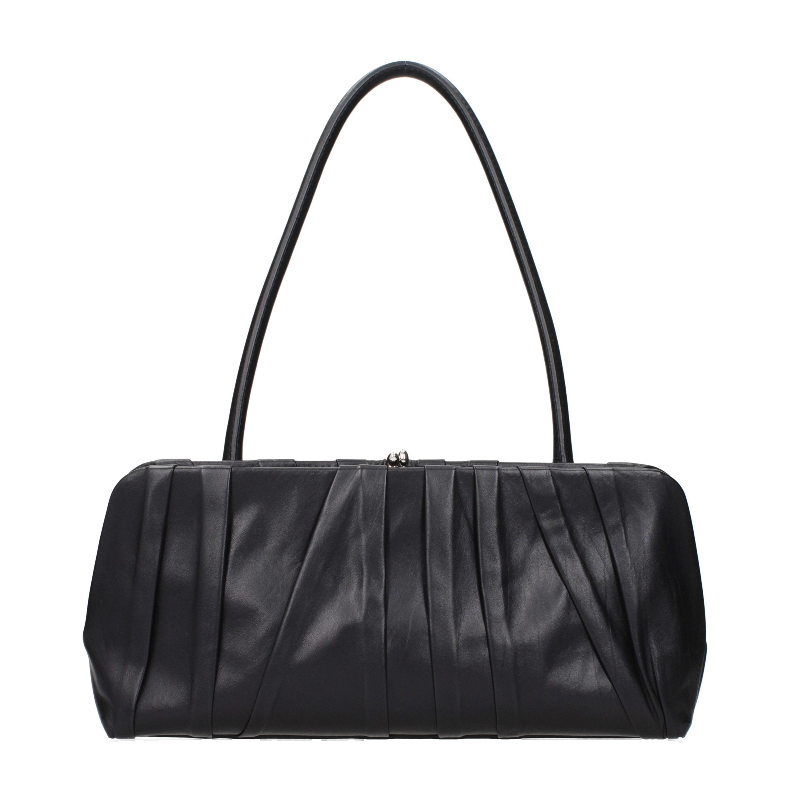 Jil Sander Pleated East West Shoulder Bag in black calfskin leather featuring a pleated front panel and curved shoulder strap.