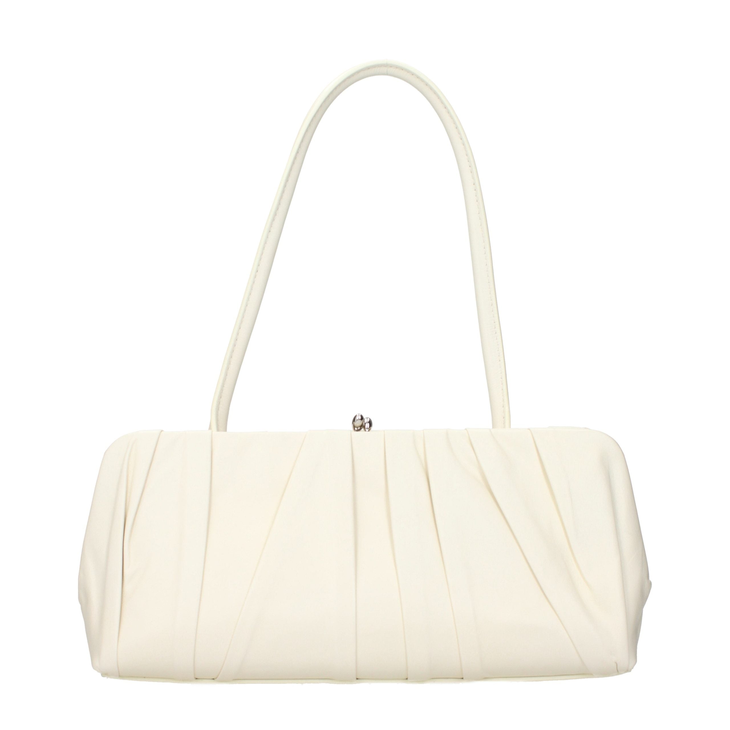 Jil Sander Pleated East West Shoulder Bag in white calfskin leather featuring a pleated front panel and curved shoulder strap.