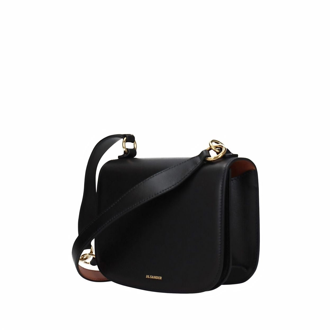 Side view of Jil Sander Tangle Rings Small Shoulder Bag in black leather showing gold ring hardware.
