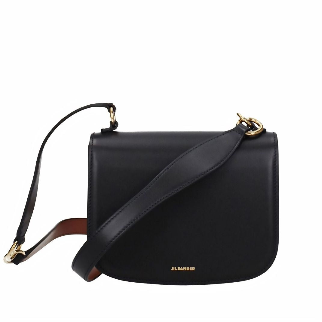 Front view of Jil Sander Tangle Rings Small Bag featuring gold logo and wide leather strap.