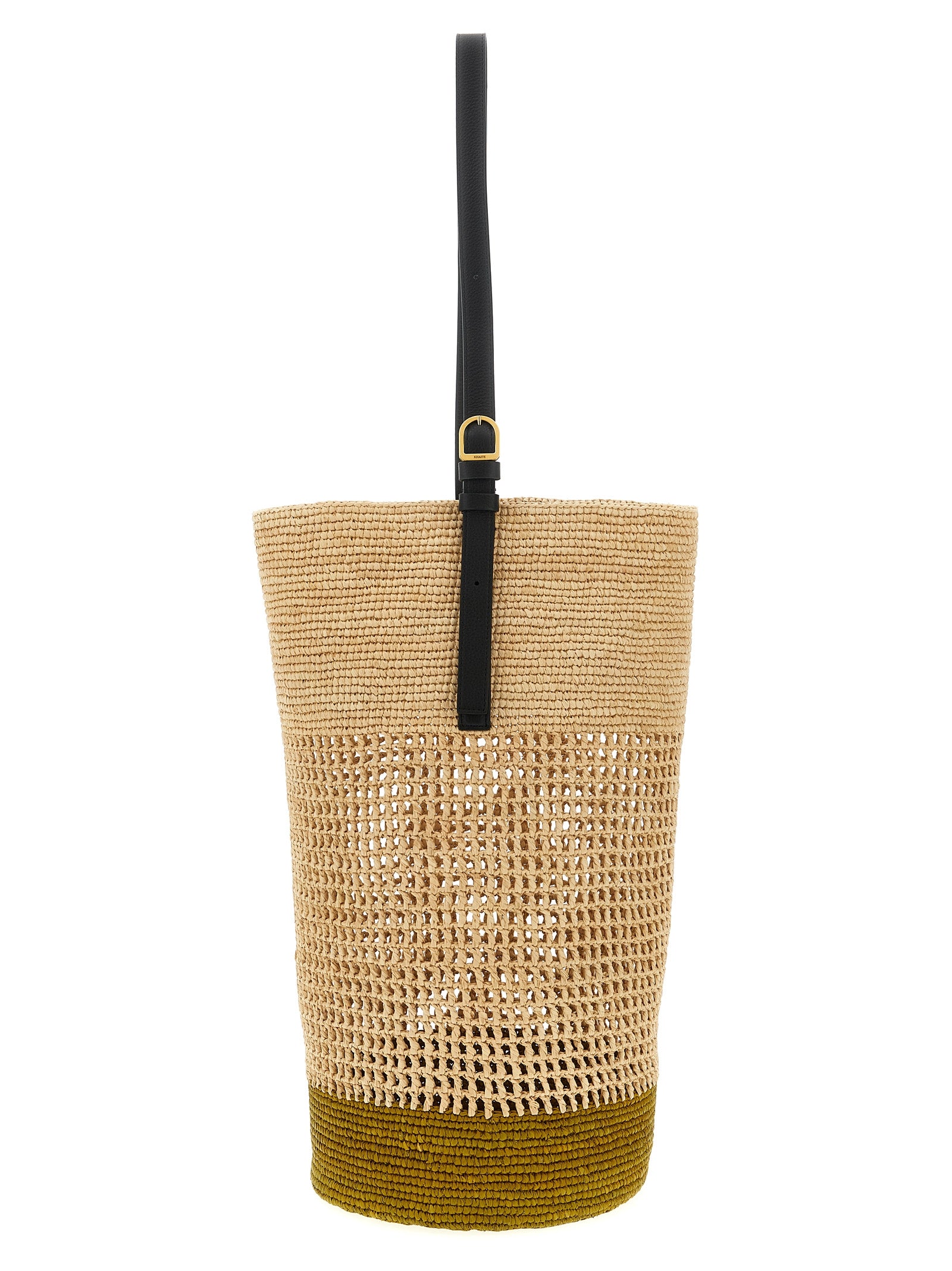 Khaite Billie Bucket Bag in finely knotted natural and curry yellow handwoven raffia with an adjustable calfskin shoulder strap and 18-karat gold-plated hardware.
