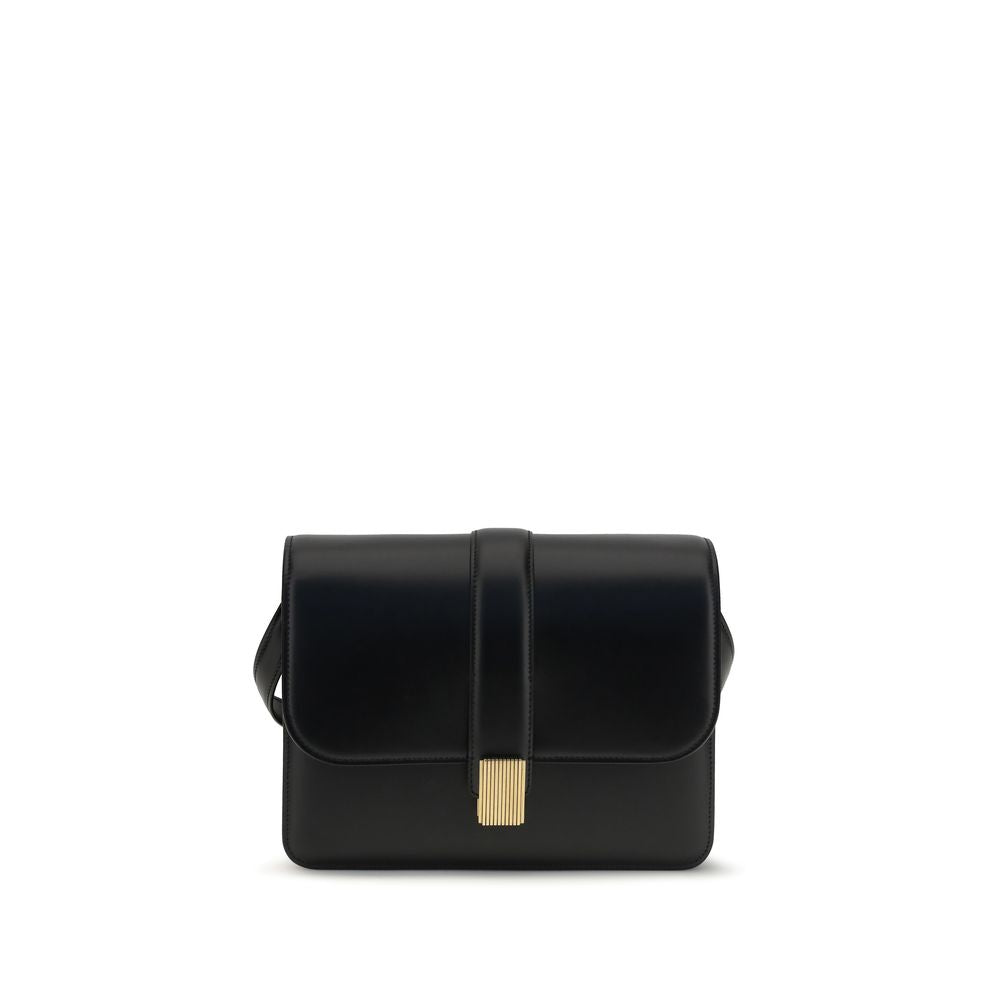Khaite Blake crossbody bag in structured black box calf leather featuring gold Empire hardware and adjustable shoulder strap.