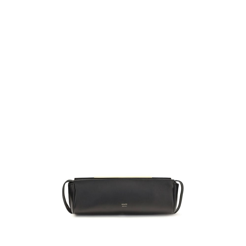 Khaite Donna Evening Clutch in black nappa lambskin featuring an elongated east-west silhouette and gold Empire hardware.