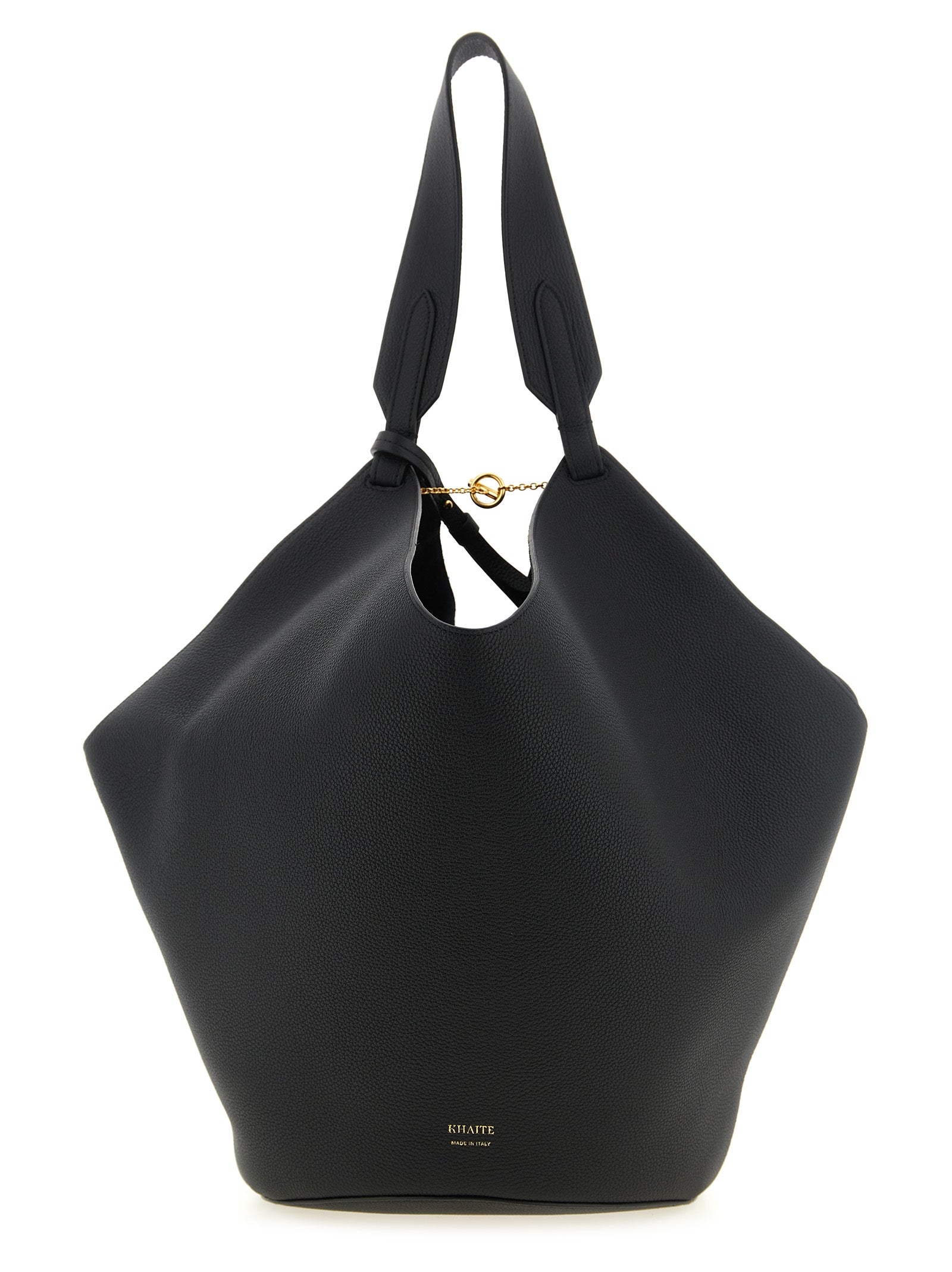 Khaite Medium Lotus Tote in black pebbled calfskin leather, showcasing its unique fluid, draped scarf-inspired shape, top handle, and structural circular base.