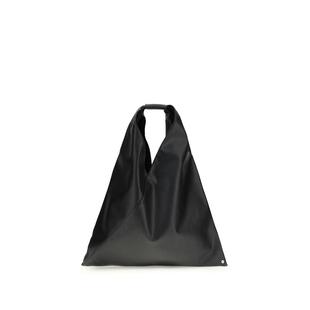 MM6 Japanese Bag Classic Medium in black leather-effect fabric with origami fold silhouette and white signature back stitch.