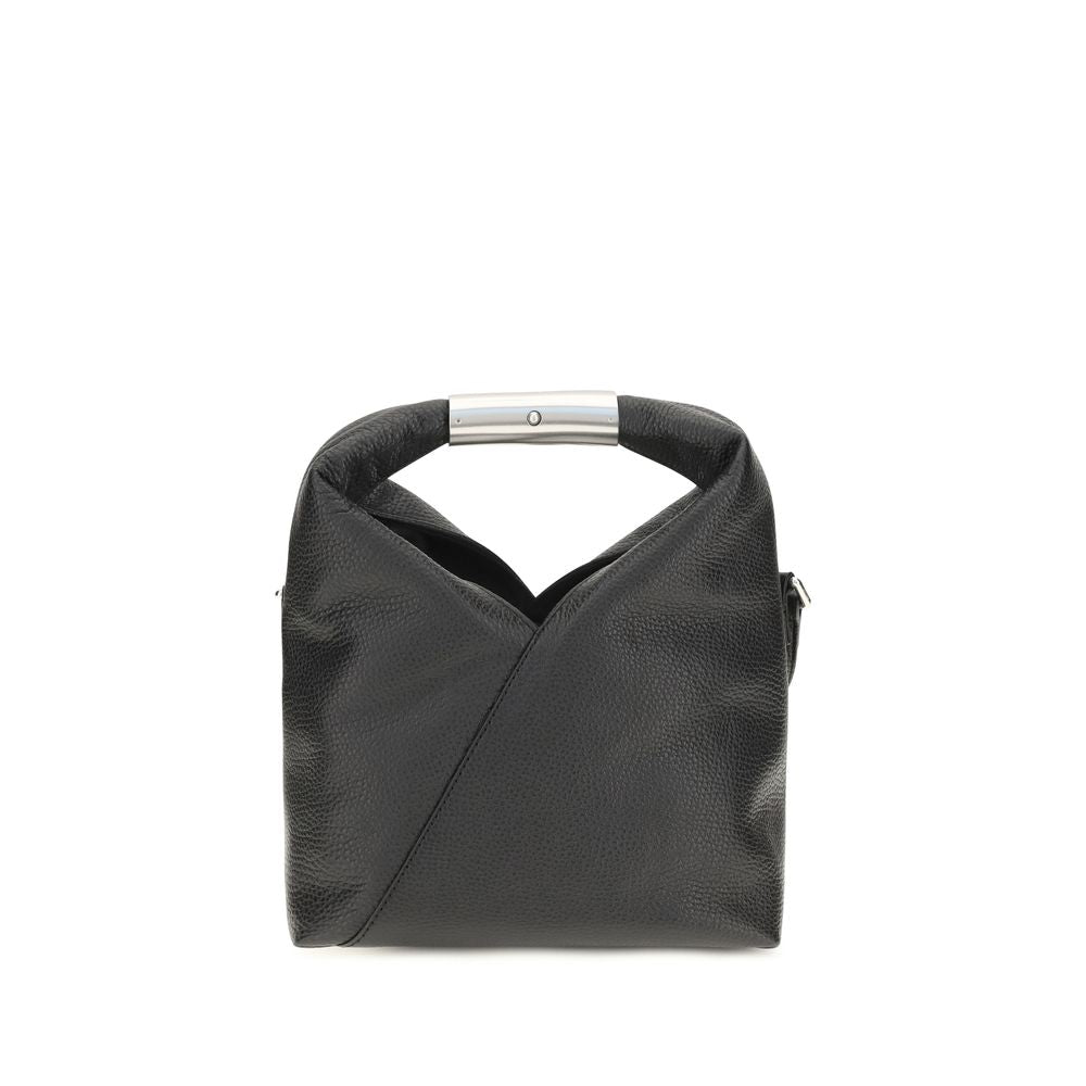 MM6 Maison Margiela Classic Japanese Bag in black grainy leather with metal jewel handle and adjustable shoulder strap.