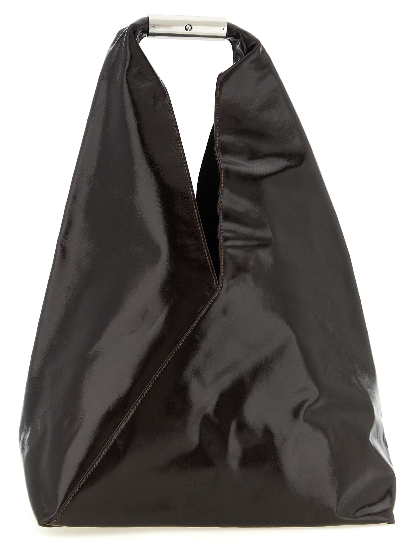 MM6 Japanese Bag Jewel Handle in brown calf leather featuring an engraved metal top handle and signature white stitch back detail from The Exclusive Line Singapore