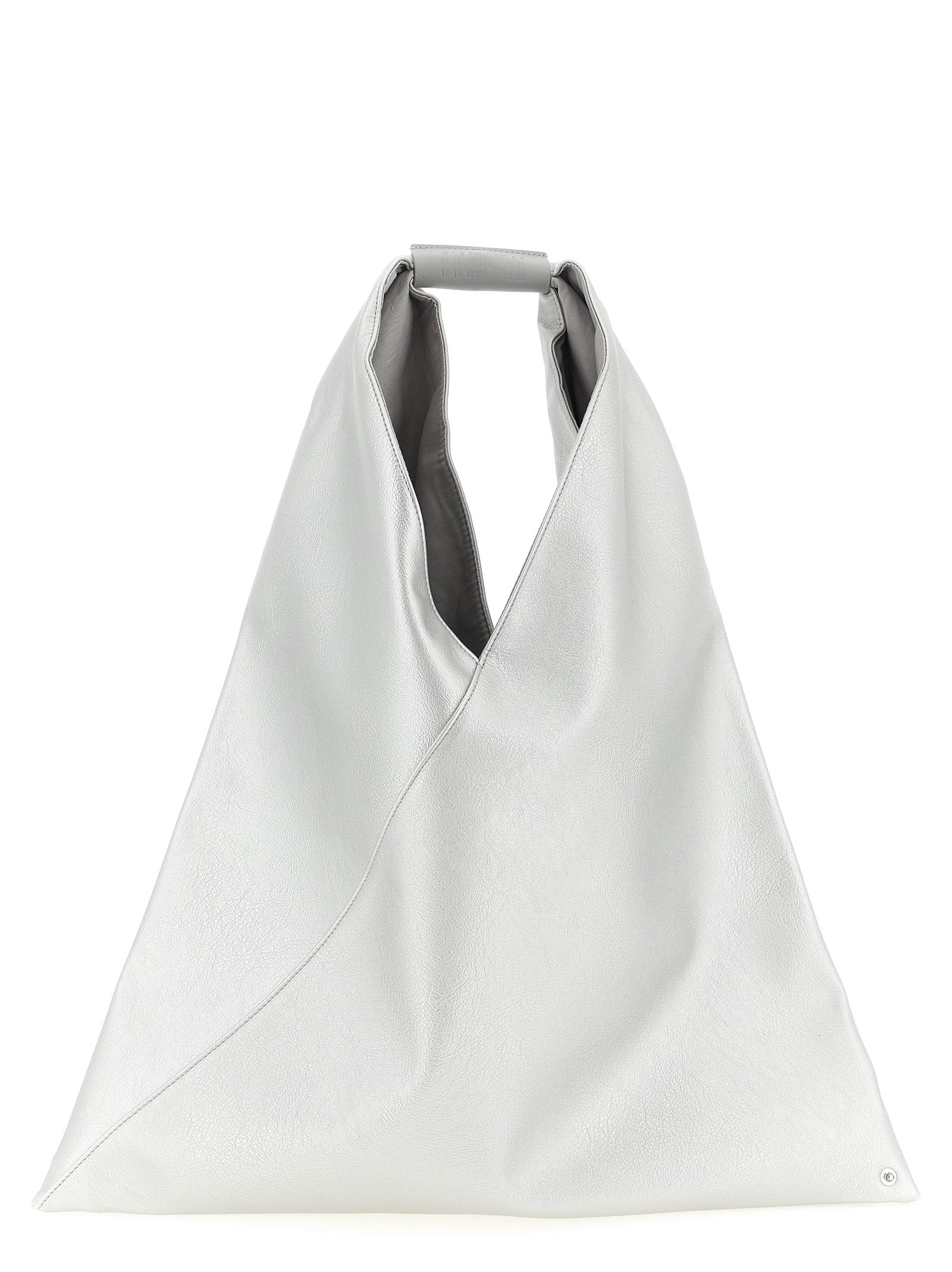 MM6 Japanese Bag Medium in metallic silver leather-effect fabric with numeric embossed leather handle and origami design from The Exclusive Line Singapore