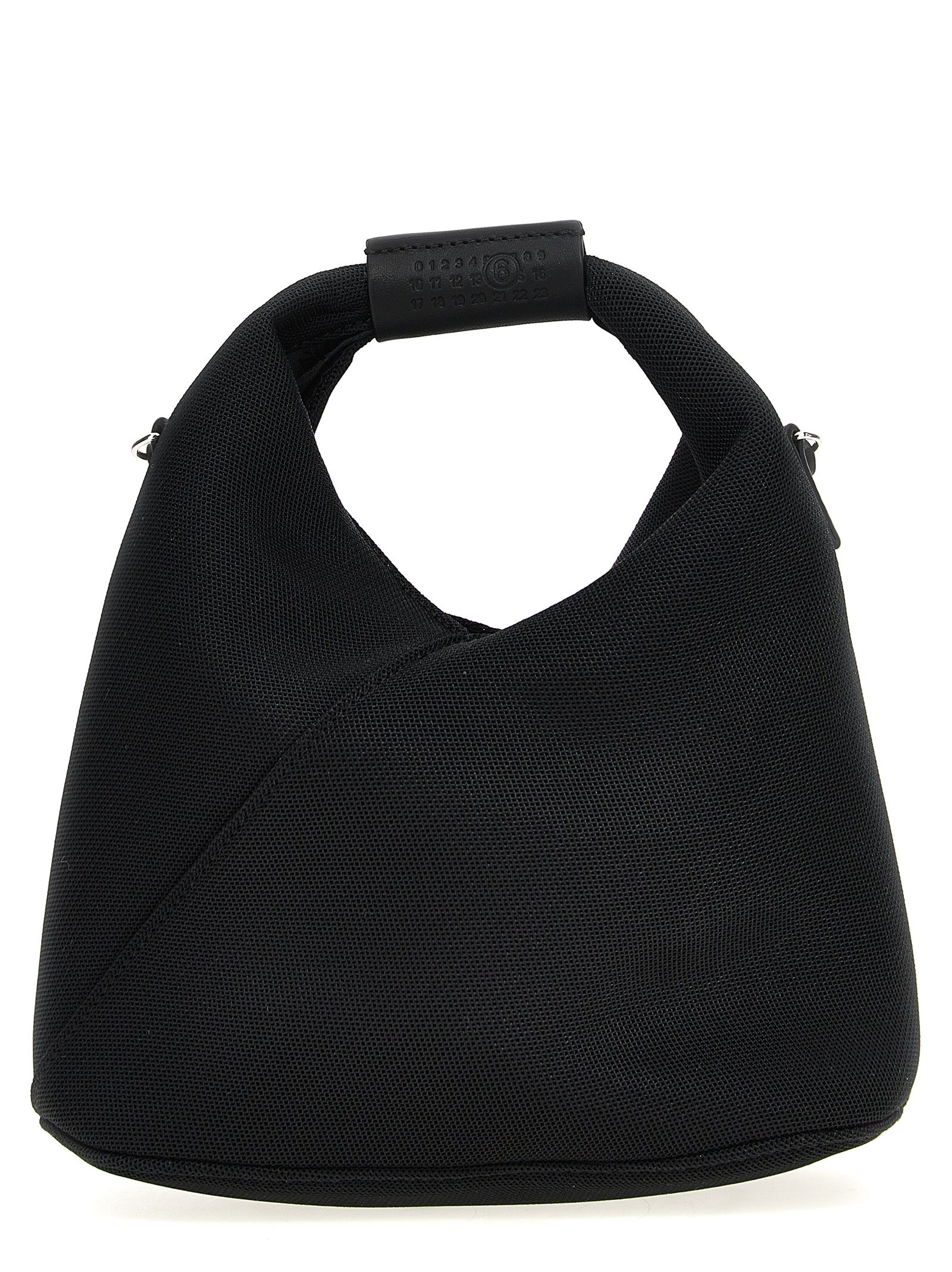 MM6 Japanese Mesh Crossbody Bag in black with embossed leather handle and adjustable strap from The Exclusive Line Singapore