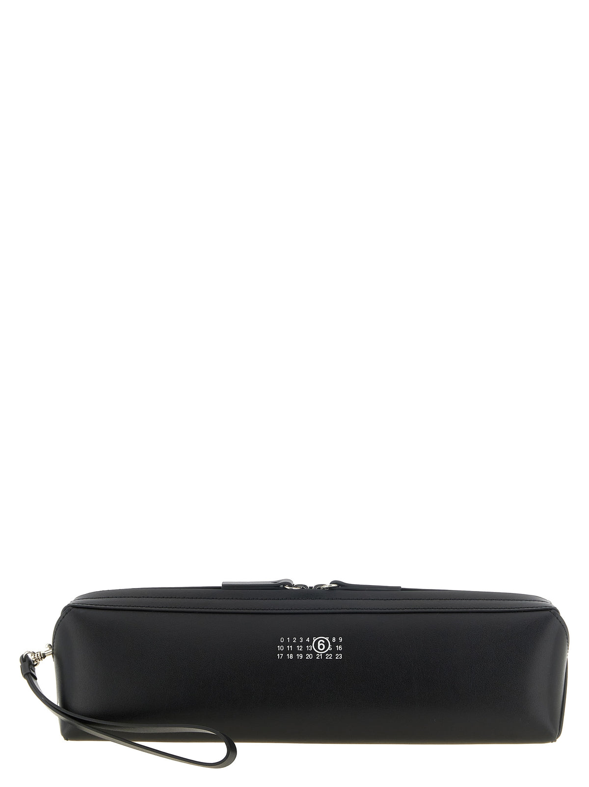 MM6 Signature Clutch Bag in black cowhide leather with wrist strap, numeric logo, and white signature stitch.