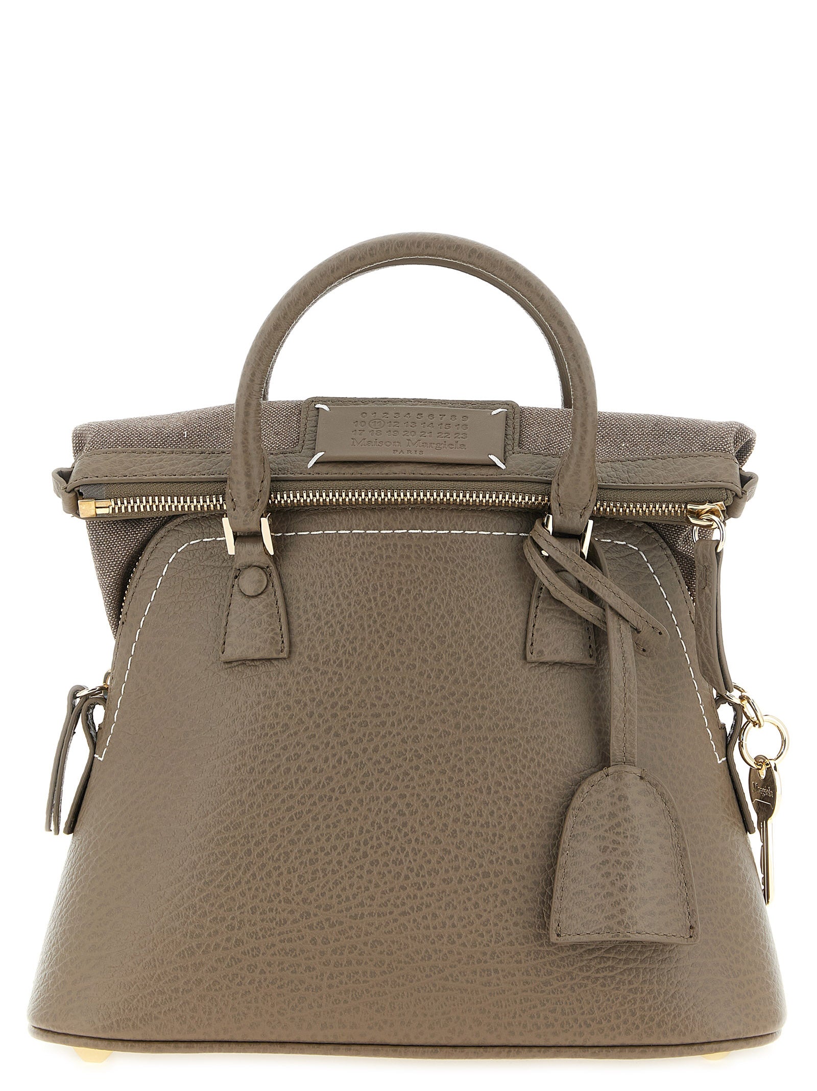 Maison Margiela 5AC Classique Mini Shoulder Bag in taupe embossed grainy leather featuring top handles, numeric logo label, and adjustable strap.