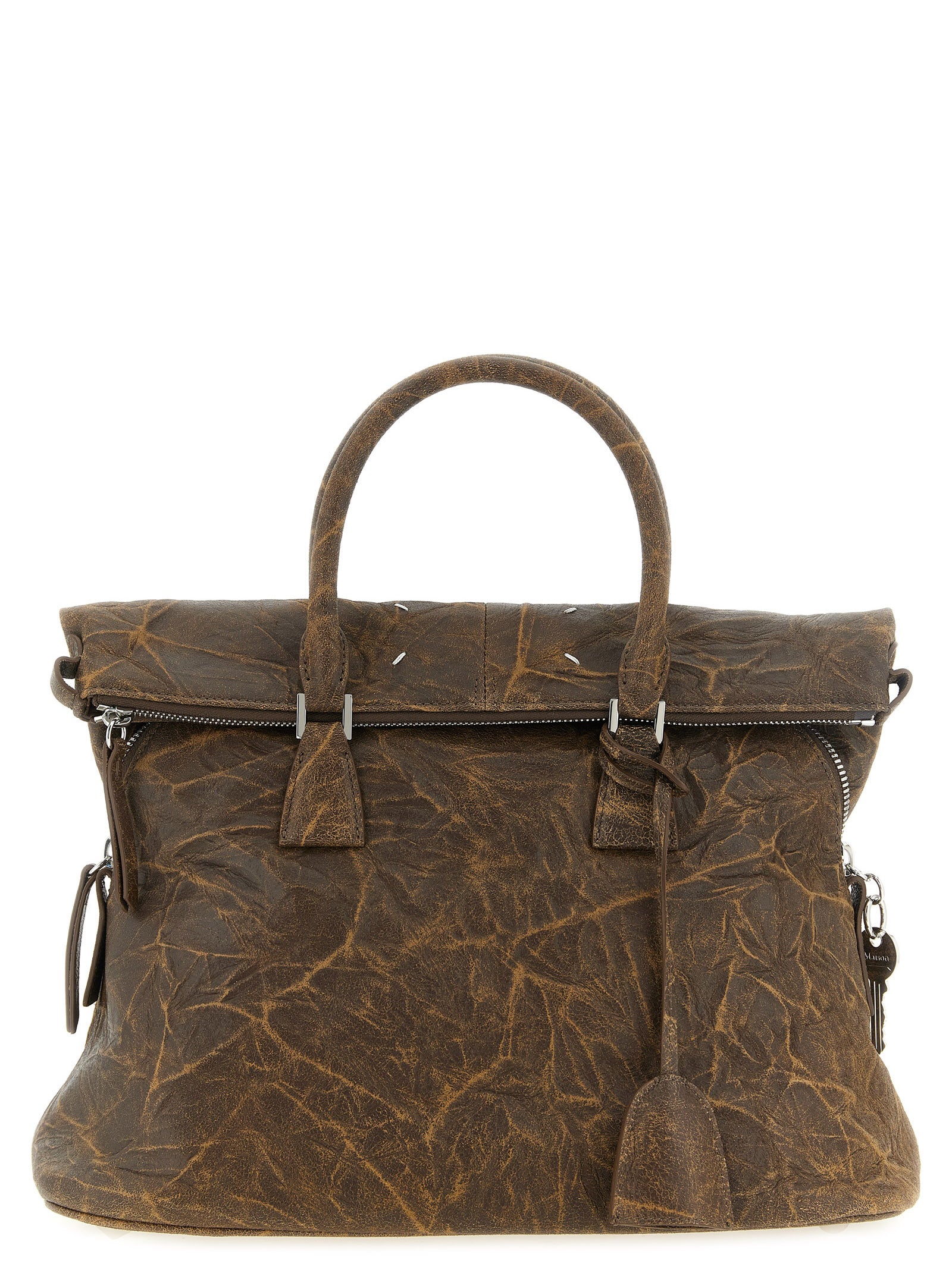Maison Margiela 5AC Soft Medium Bag in brown distressed-effect goat leather featuring a wrinkled texture, padlock charm, and iconic four stitches.