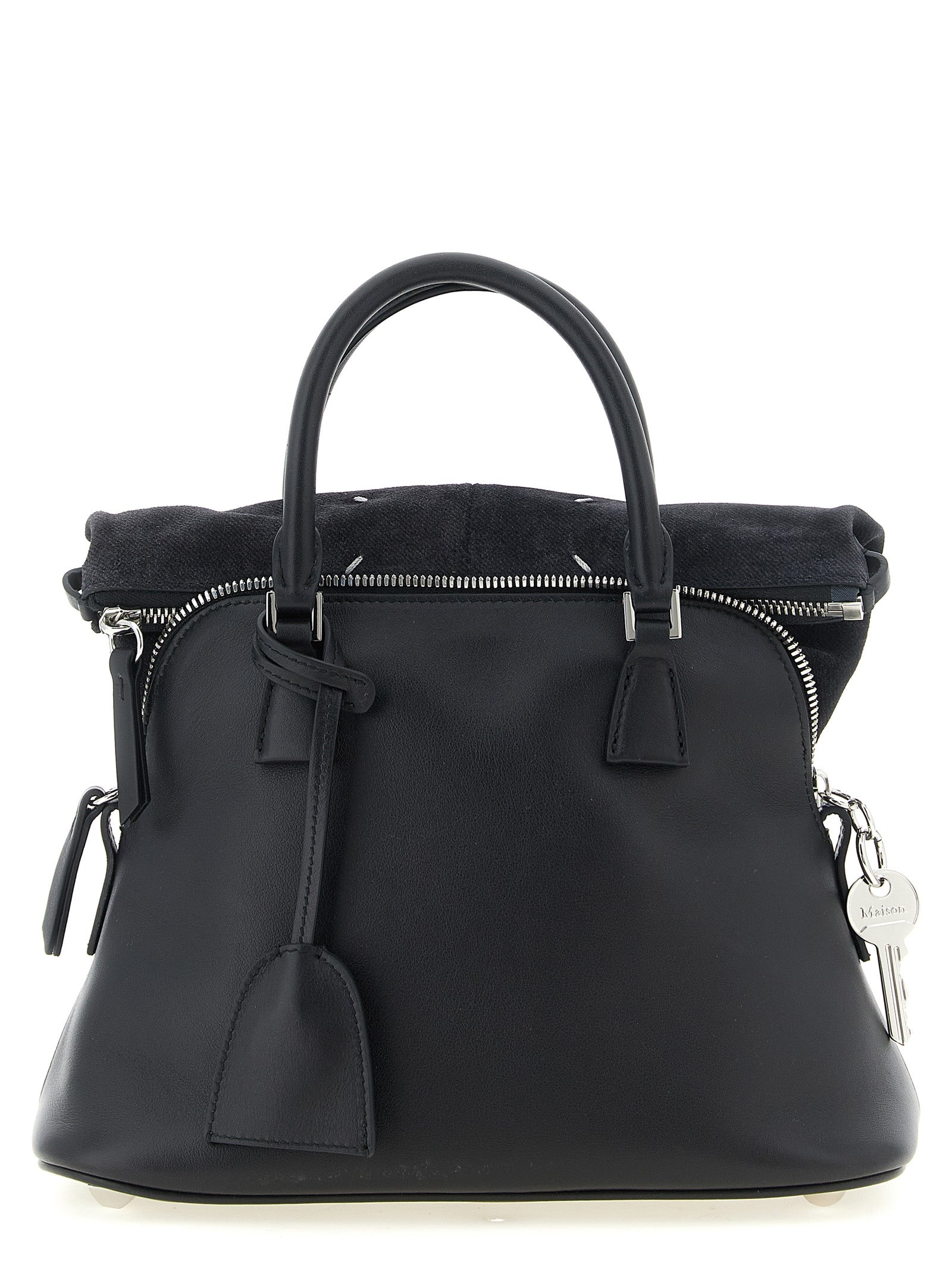 Maison Margiela 5AC Soft Mini Bag in dark grey soft calfskin and suede featuring top handles, key charm, and signature four white stitches.