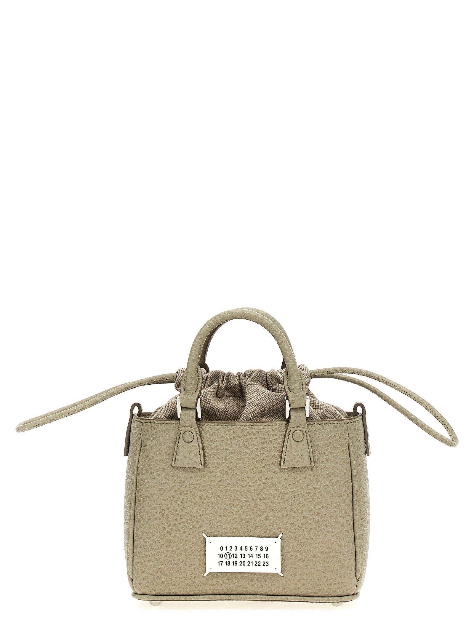 Maison Margiela 5AC Tote Small Bag in beige grainy calfskin leather featuring dual fixed handles, drawstring top closure, and chain shoulder strap.