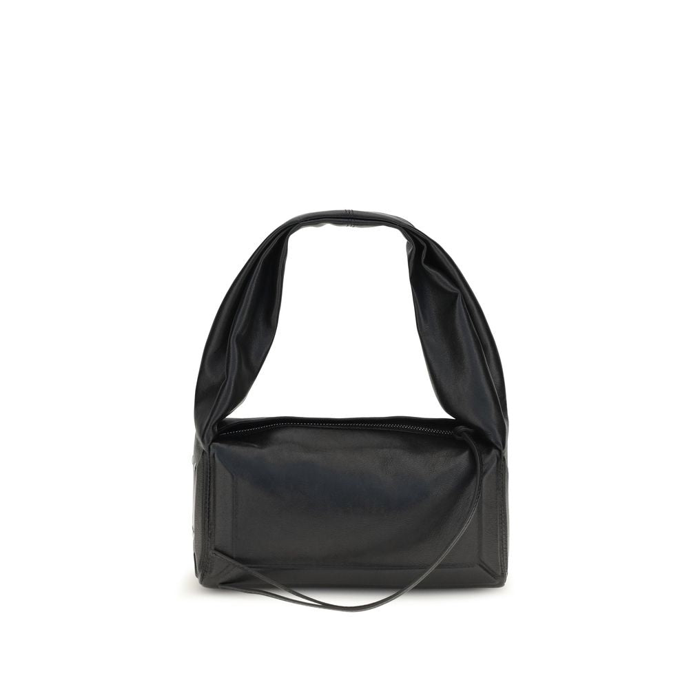 Maison Margiela Box Bag East West Small in black thermoformed leather featuring a structured baguette shape, wide strap, and leather tassel zip pull.