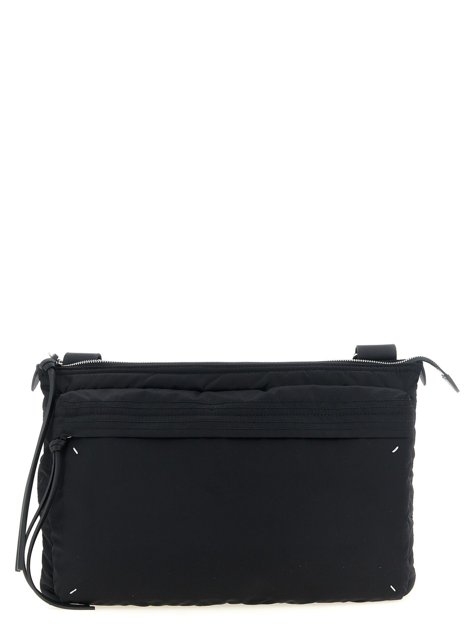 Maison Margiela Zip Computer Bag East West in black technical nylon featuring front zip pocket, leather tassel pulls, and adjustable crossbody strap.