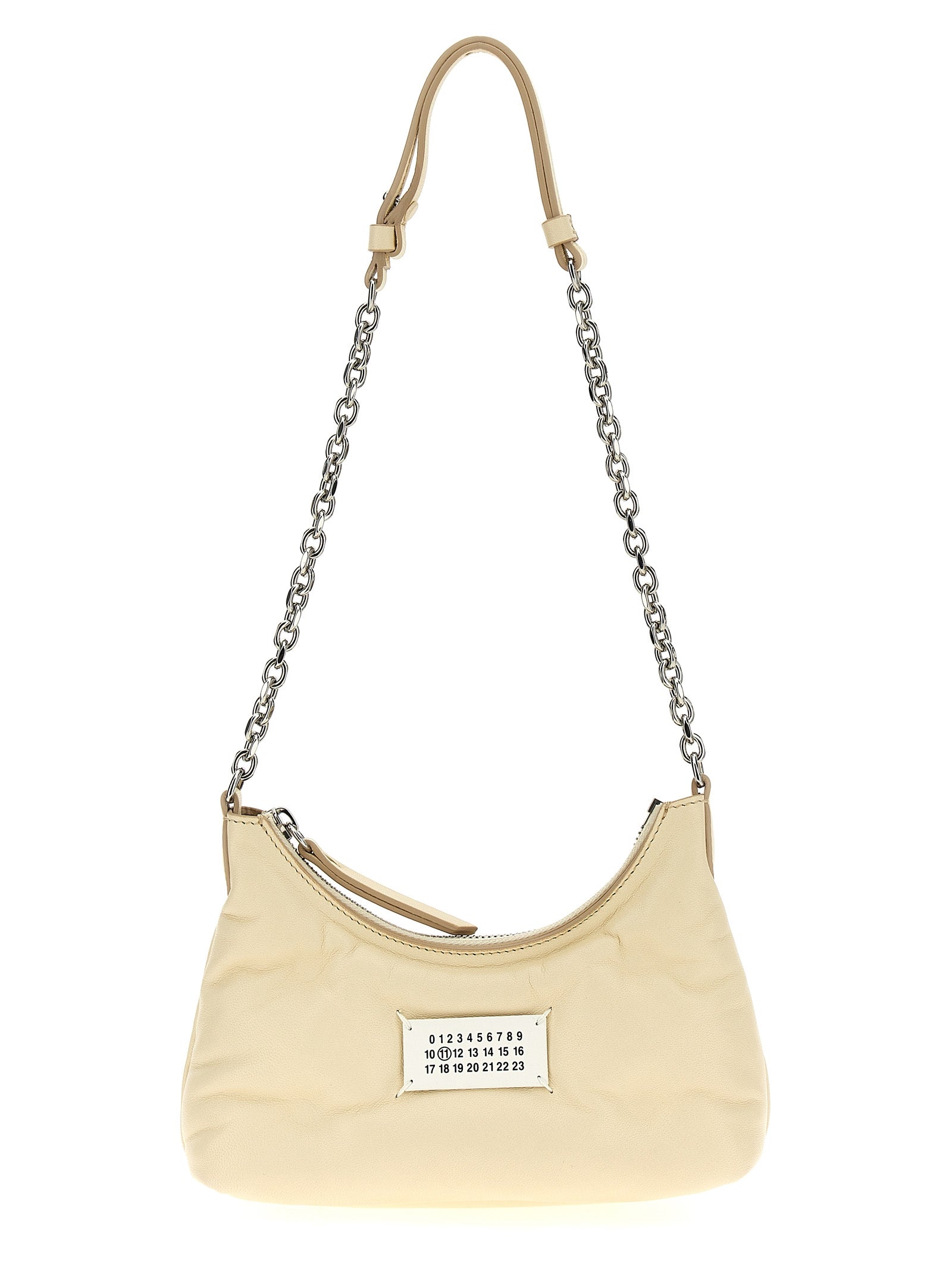 Maison Margiela Glam Slam Hobo Micro Shoulder Bag in beige quilted nappa lambskin leather featuring numeric logo patch and chain-leather strap.