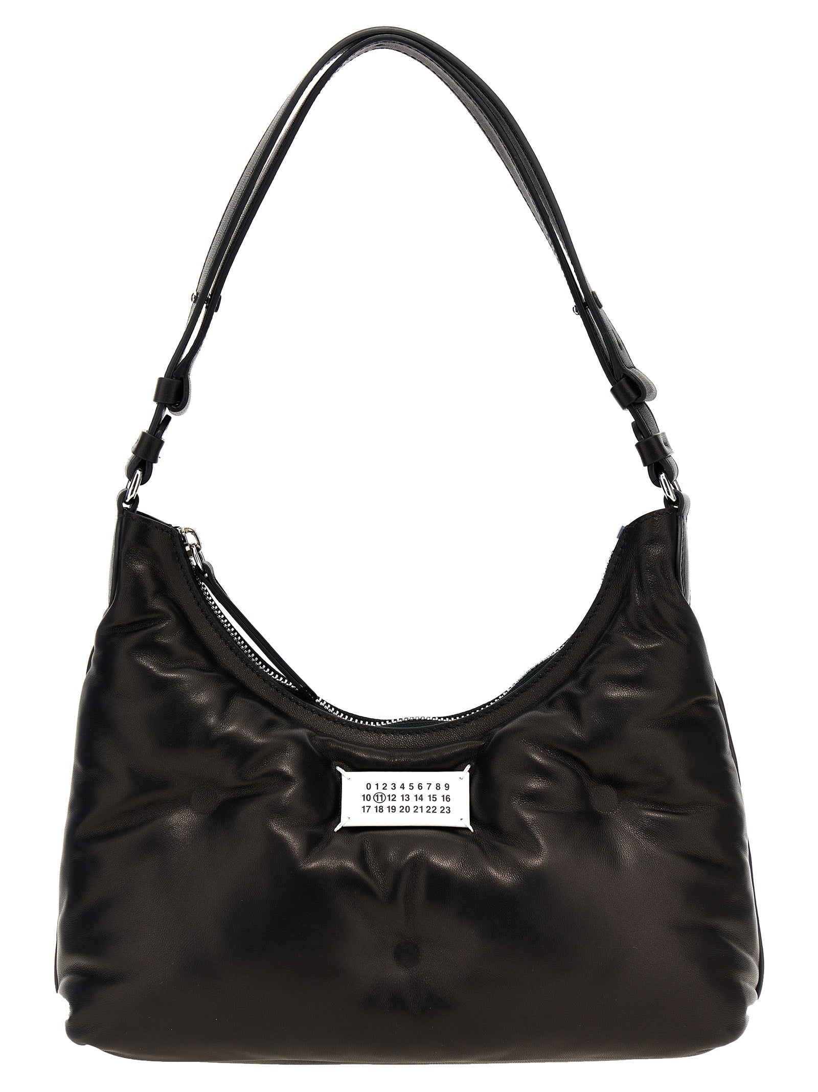 Maison Margiela Glam Slam Hobo Small bag in black quilted nappa leather featuring numeric logo patch and leather shoulder strap.