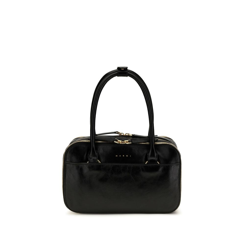 Marni Boxyne Small bag in black crumpled glossy calfskin leather with tubular handles and triple two-way zip openings.