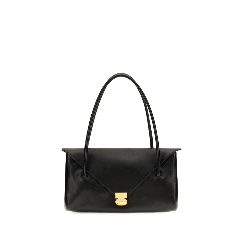Marni East West shoulder bag in black calfskin leather with envelope flap, brass turn-lock clasp, and tubular handles.