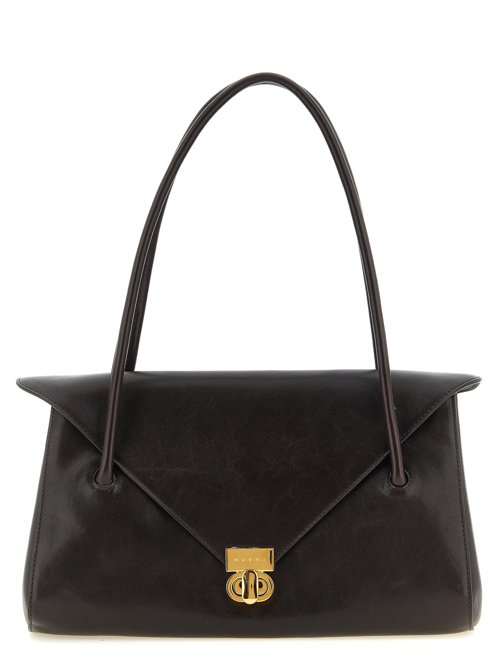 Marni East West shoulder bag in Dark Brown calfskin leather with envelope flap, brass turn-lock clasp, and tubular handles.