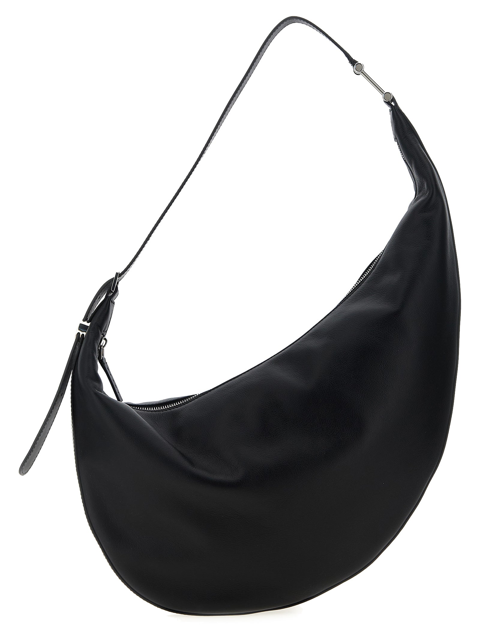 Marni Hobo Small crossbody bag in black calfskin leather featuring an asymmetric crescent shape, top zip closure, and metallic hardware.