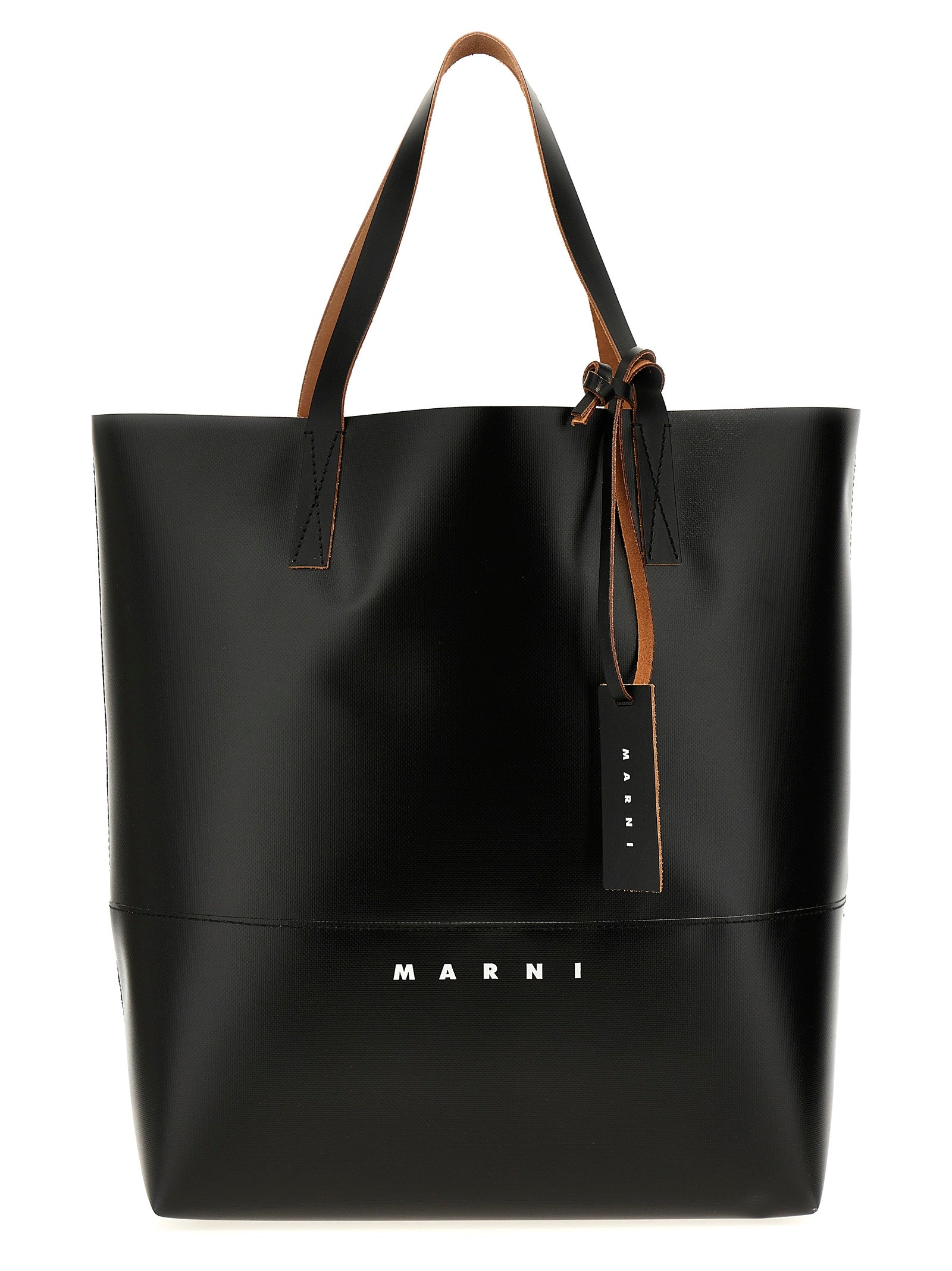 Marni North South open shopper tote bag in black with calf leather handles and hanging logo tag.