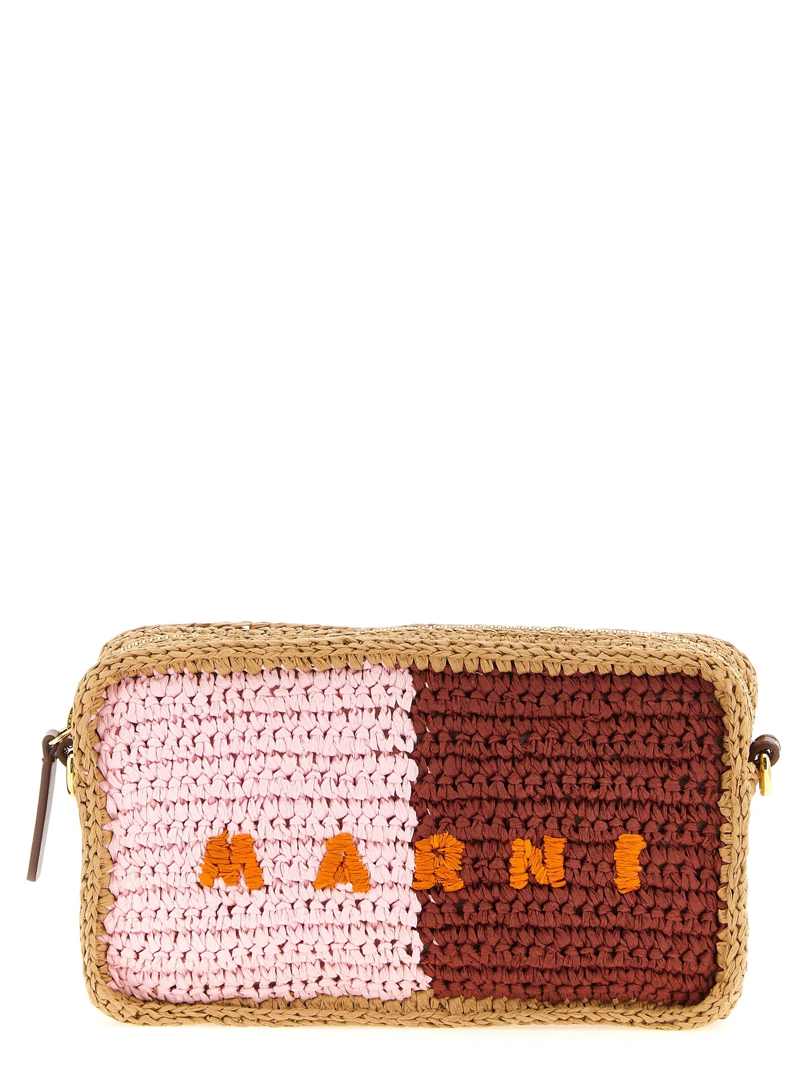 Marni Seaside Camera Bag in pink and burgundy handwoven paper raffia with natural raffia logo - Available at The Exclusive Line, Singapore.
