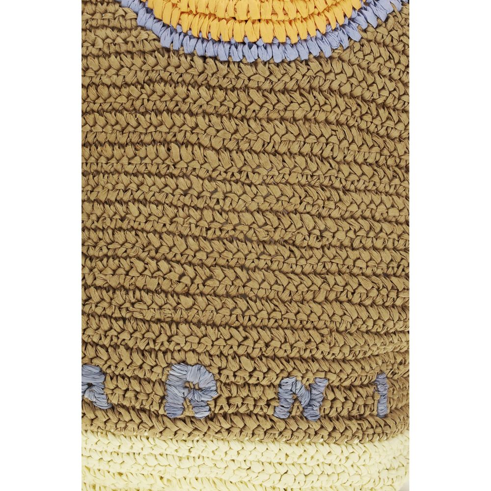 Close up of Marni Seaside Hobo Bag in orange and yellow handwoven raffia from The Exclusive Line Singapore.