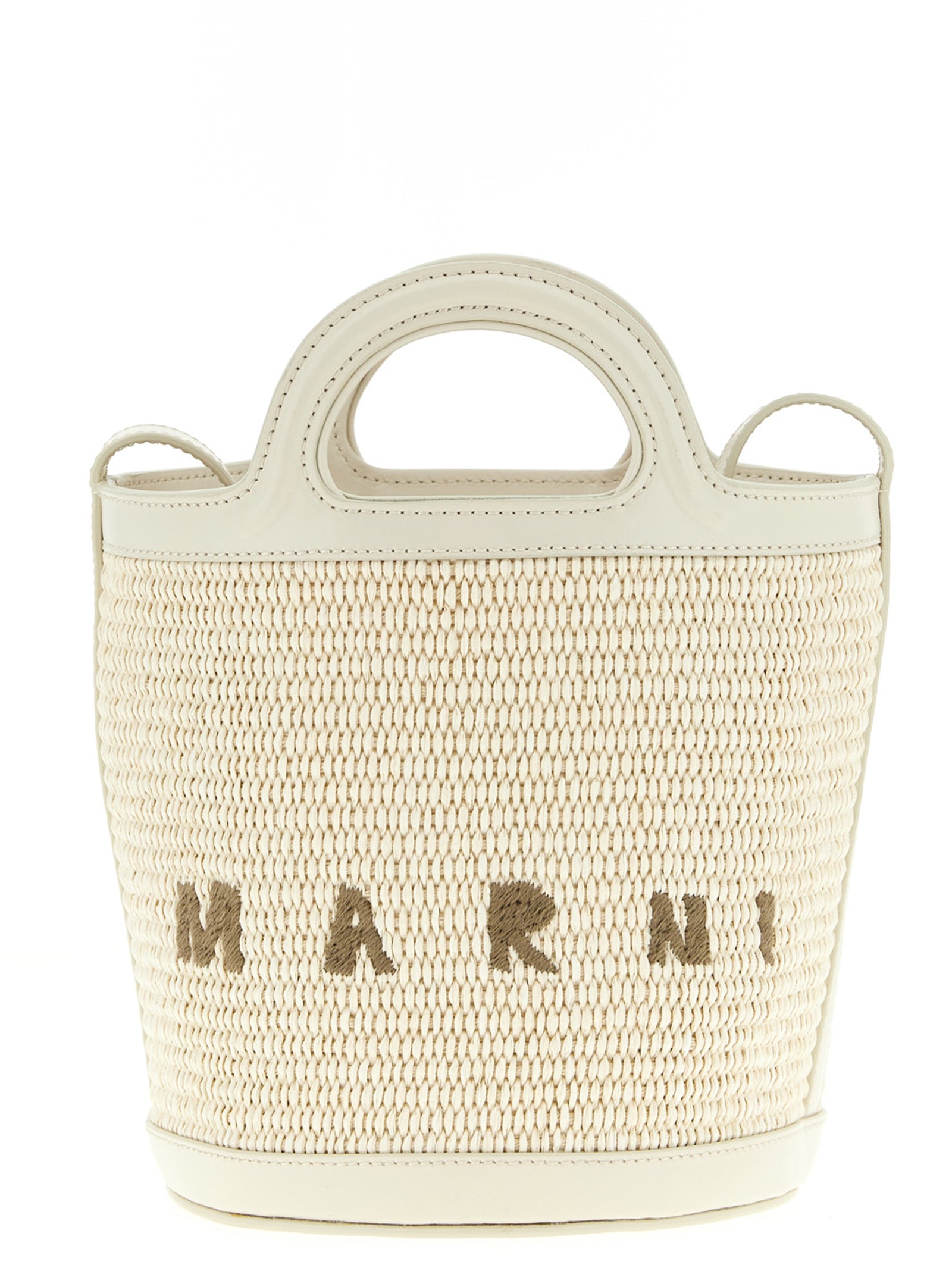 Marni Tropicalia Small bucket bag in Shell Ivory leather and woven raffia with top handles, drawstring pouch, and embroidered logo.