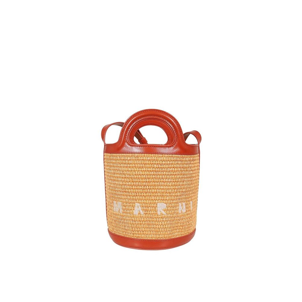 Marni Tropicalia Small bucket bag in Tan Orange leather and woven raffia with top handles, drawstring pouch, and embroidered logo.
