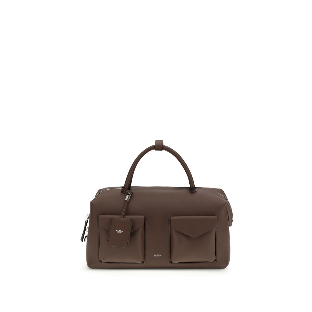 Max Mara Holdall Cargo dark brown textured leather handbag with front patch pockets and top handles.