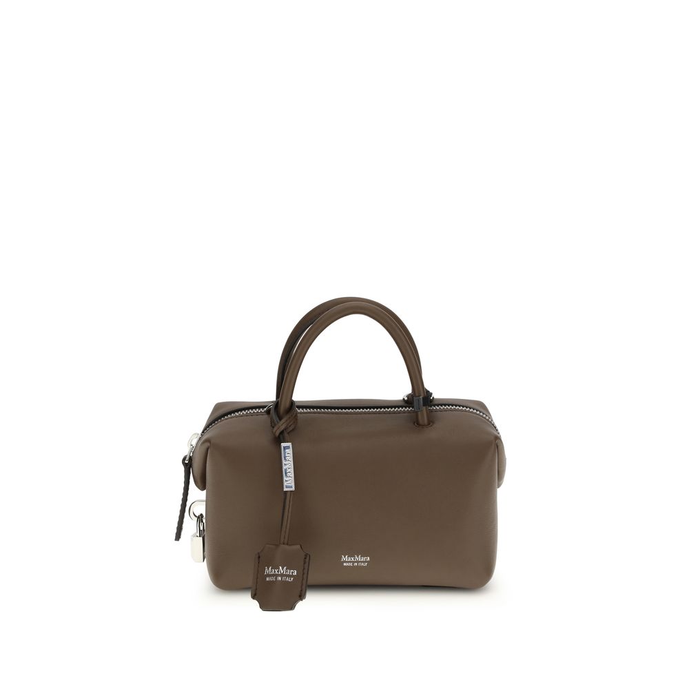 Max Mara Holdall Small handbag in brown smooth calfskin leather with silver logo lettering and topstitching.