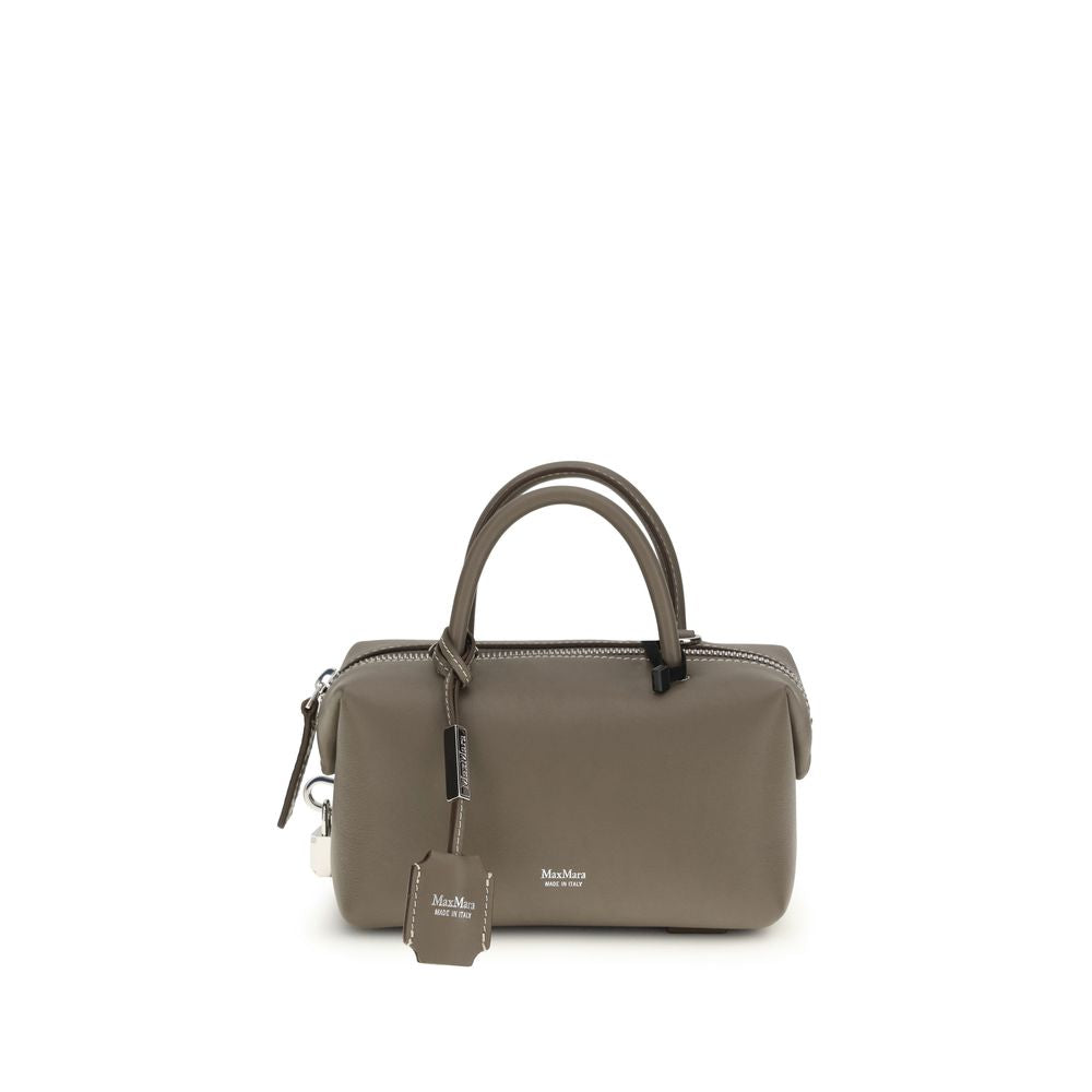 Max Mara Holdall Small handbag in taupe smooth calfskin leather with silver logo lettering and top handles.