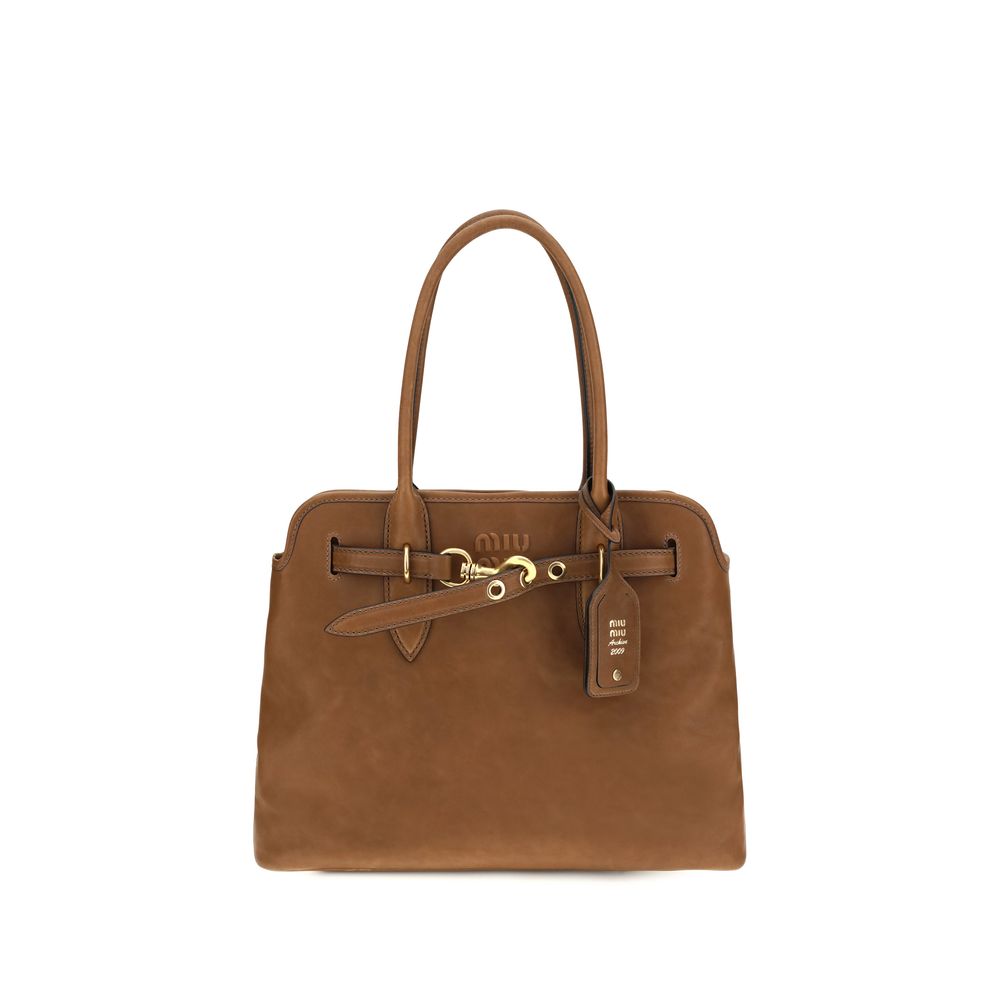 Miu Miu Aventure Medium Nappa Leather Bag in Oak Brown with Antiqued Gold Hardware.