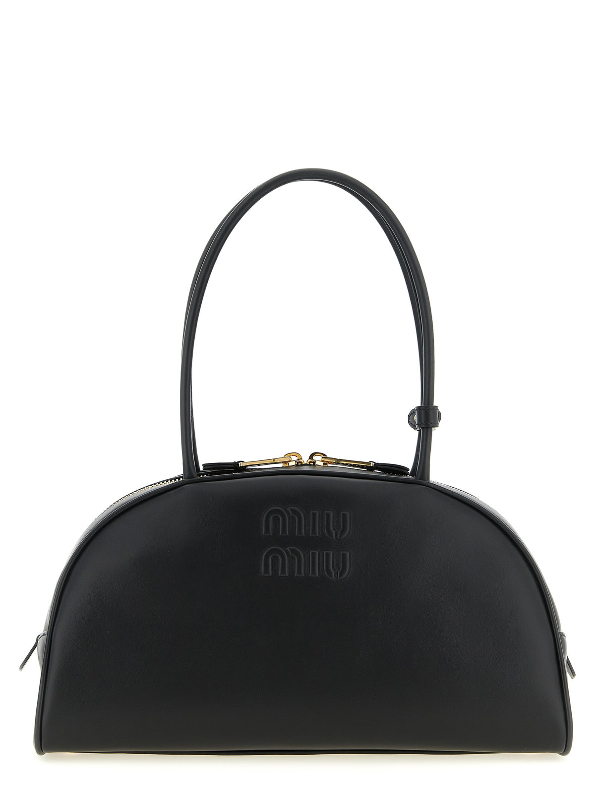 Beau black grained leather top handle bowling bag with gold hardware.